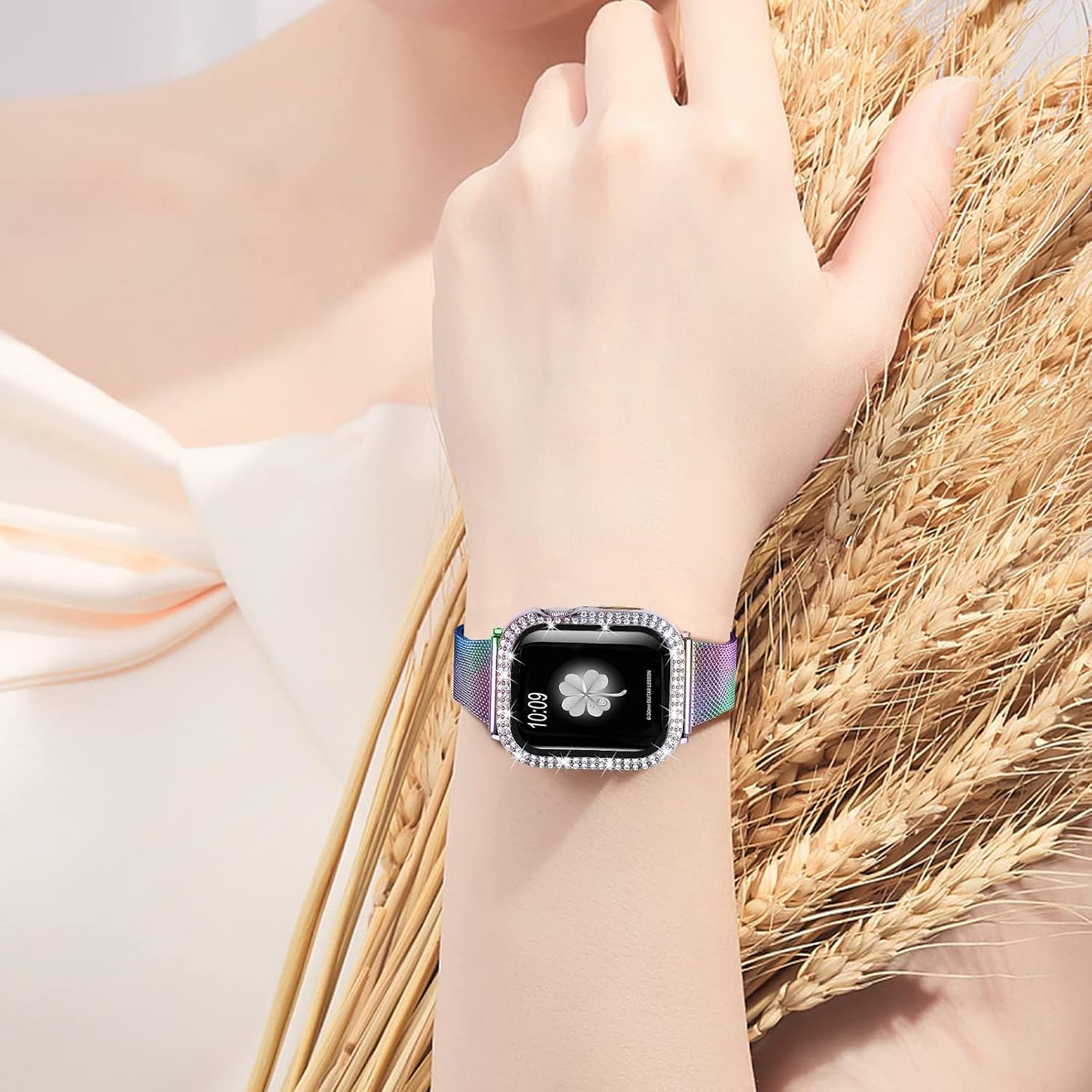 Joyozy Slim Stainless Steel Band Compatible with Apple Watch 38mm 40mm 41mm 42mm 44mm 45mm 46mm Milanese Strap with Bling Glitter Case Built-in Screen Protector Dressy Bracelet Band for Women(Rainbow 45mm) - Image 4