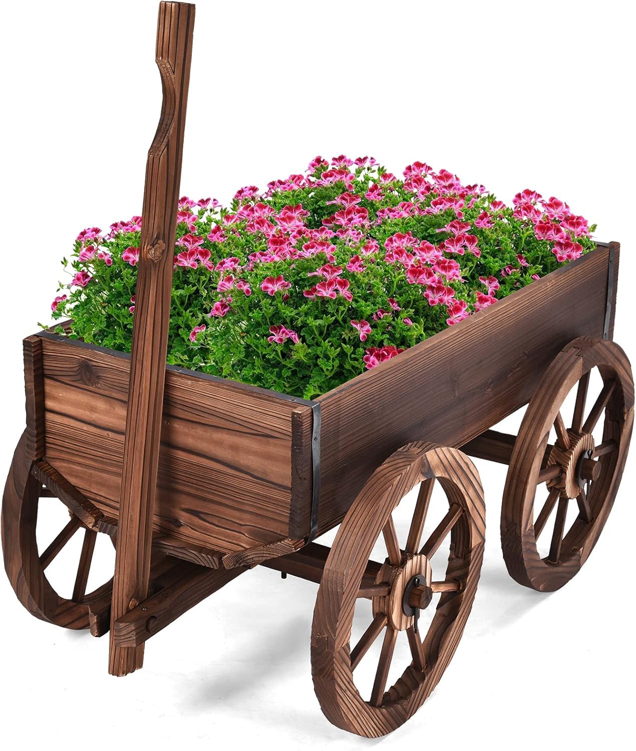 GOPLUS Blumenwagen Holz, Pflanzwagen mit 4 Rädern, Pflanzschubkarre mit Verstellbarer Griff, Pflanztopf Garten mit Ablauflöchern, Bollerwagen Schubkarre Blumenkarre Gartendeko Outdoor, 120x43x53,5 cm