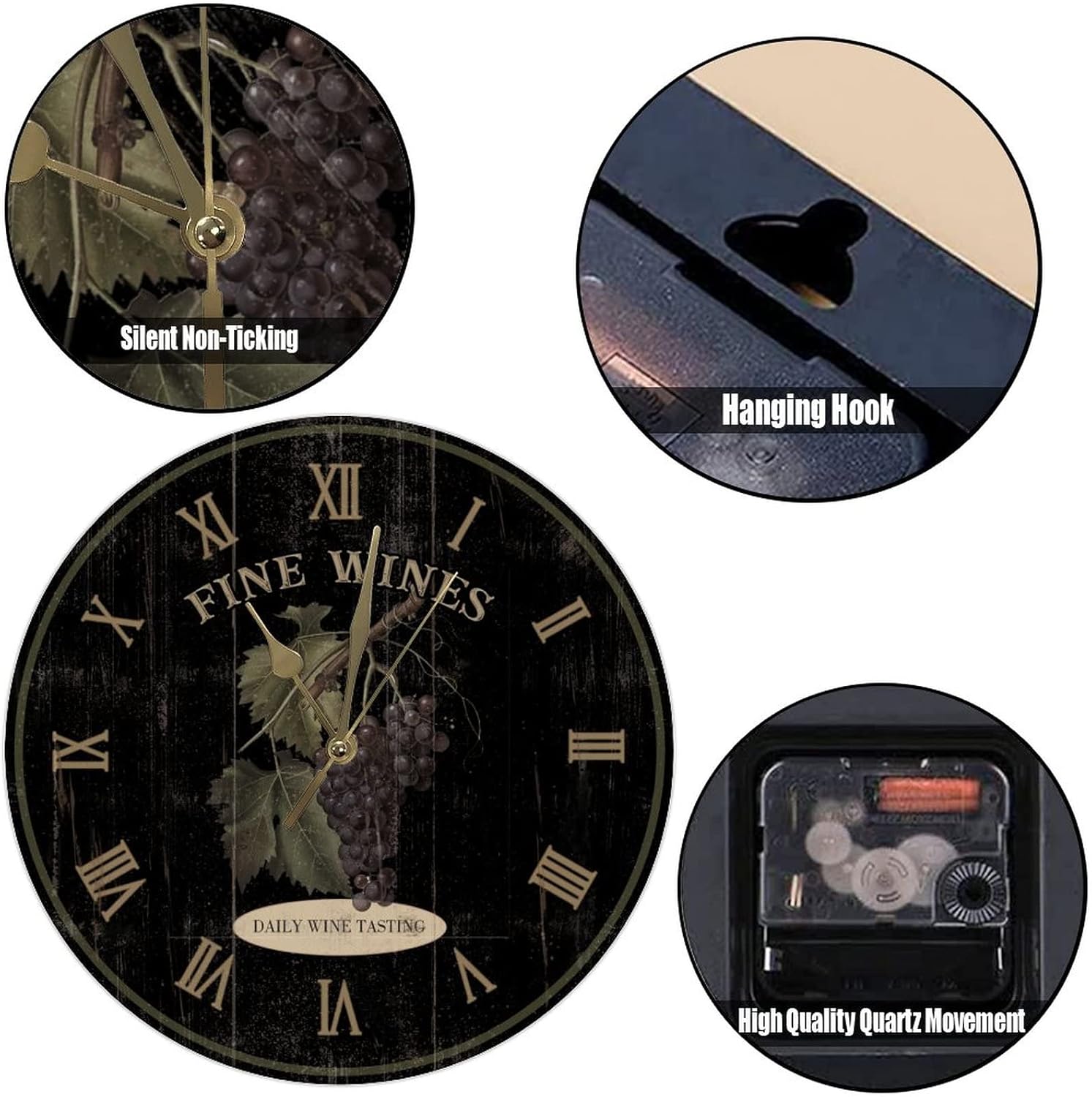 Wine Lover Decoration Wooden Decorative Wall Clock Fine Wines Black Art Clocks Silent Battery Operated Clock 12Inch Round Wall Clock Retro Farmhouse for Bathroom Bedroom Birthday Housewarming Gift