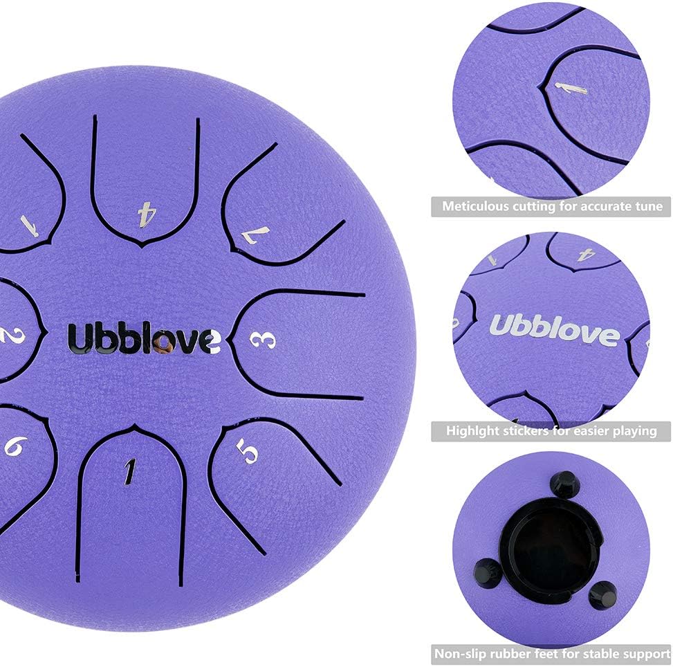 Ubblove Steel Tongue Drum for Kids: 8 Notes 6 Inches Key of C Metal Steel Drums Instrument with Bag for Meditation, Yoga, musical education, zen tone (Purple)