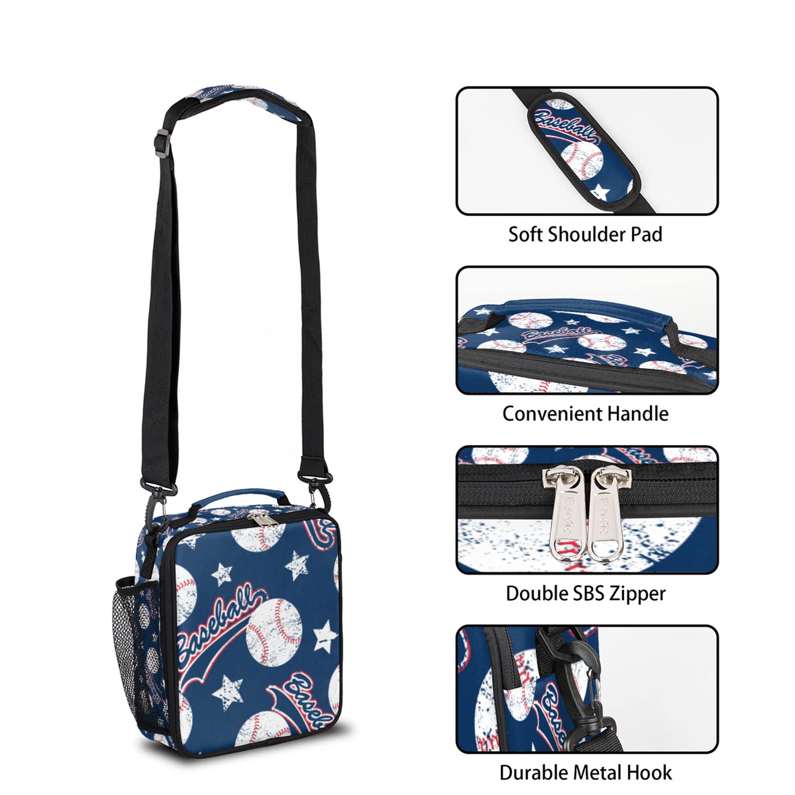 Baseball Lunch Box for Kids Boys, Insulated Lunch Bag Reusable Thermal Lunchbox Cooler Tote Handbag with Removable Adjustable Shoulder Strap for Adults Men Picnic Work School