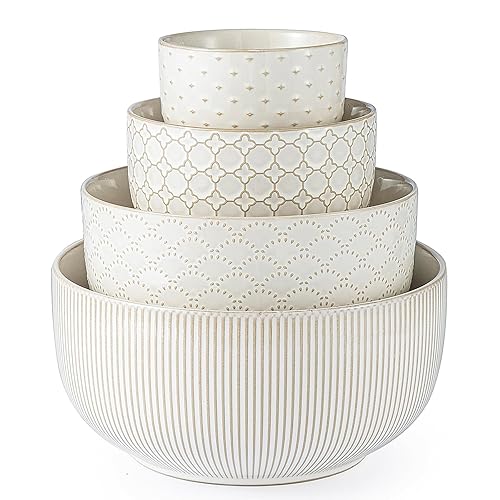 Mikiegy Ceramic Mixing Bowls Set of 4, Nesting Ceramic Embossment Stoneware Mixing Bowls for Cooking, Serving, Popcorn, Salad etc, Microwave & Dishwasher Safe, 20/44/98/145 oz, Off-White - 20&44&98&145 oz