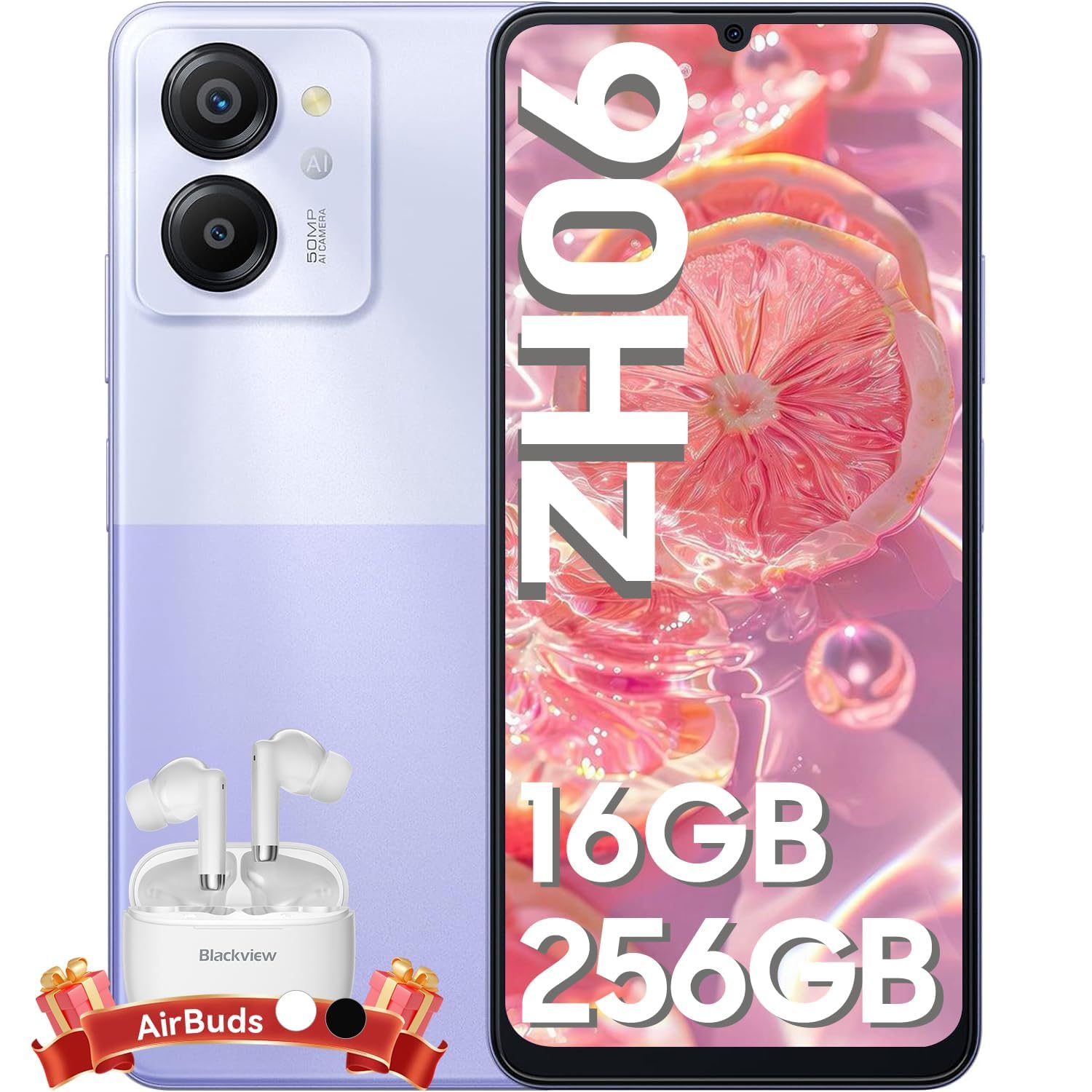 Blackview Color8 Smartphone, 16GB RAM+256GB ROM/1TB-TF Octa-Core, 6.75'' HD+/90Hz, 50MP+8MP, 6000mAh, Android 13, 4G Dual SIM Telefono Cellulare, Face ID/Fingerprint/OTG/3 Slot/3.5mm Jack, Viola