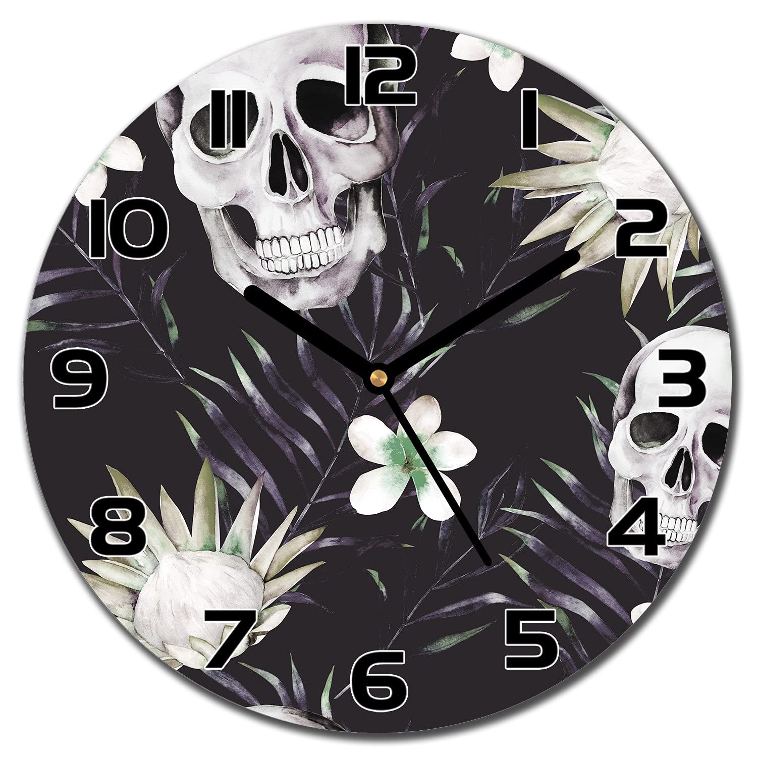 Horloge en verre moderne crânes et fleurs florales pour cuisine