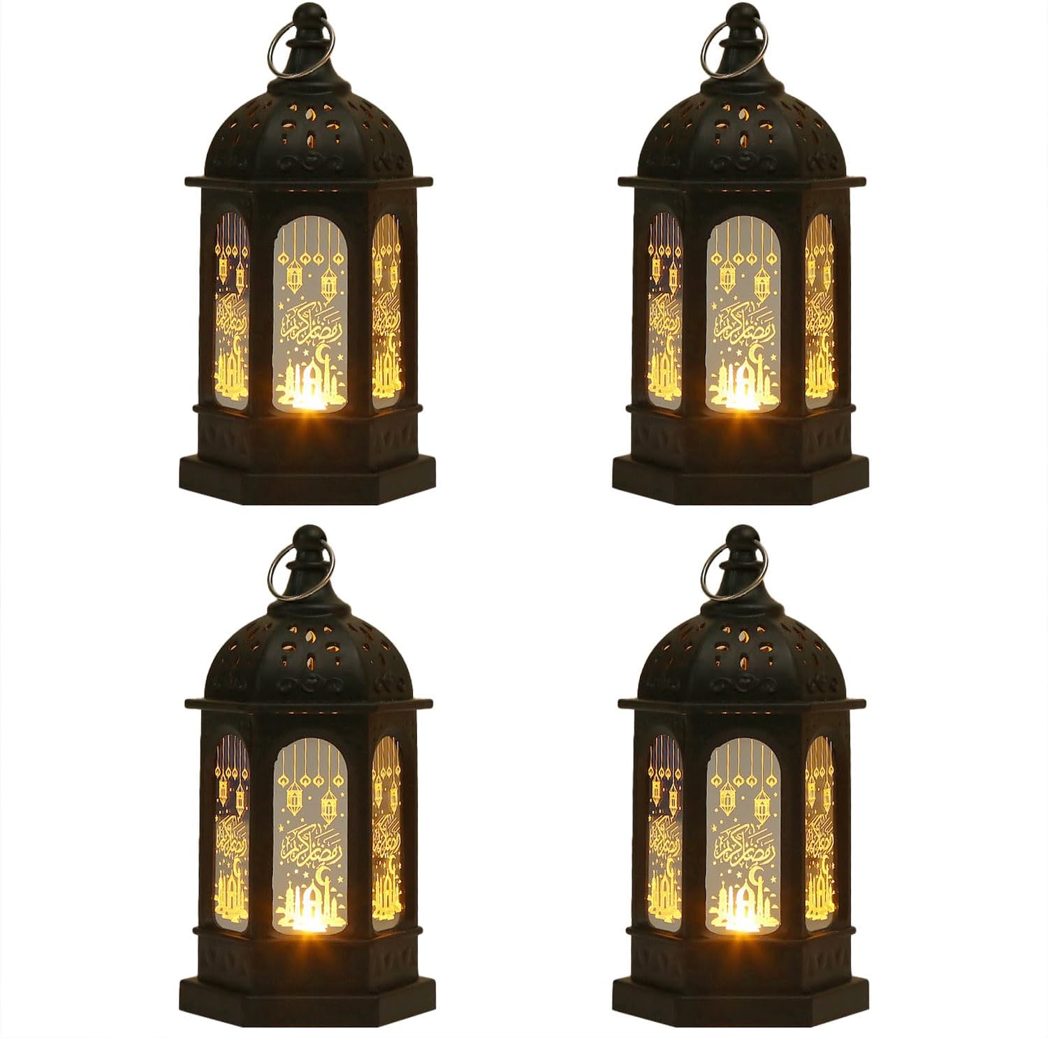 4 Pack Mini Ramadan Lantern Lights, Ramadan Decorations for Home, Eid Mubarak, Gifts for Family Kids Lantern, Home Table Windows Decor(Black)