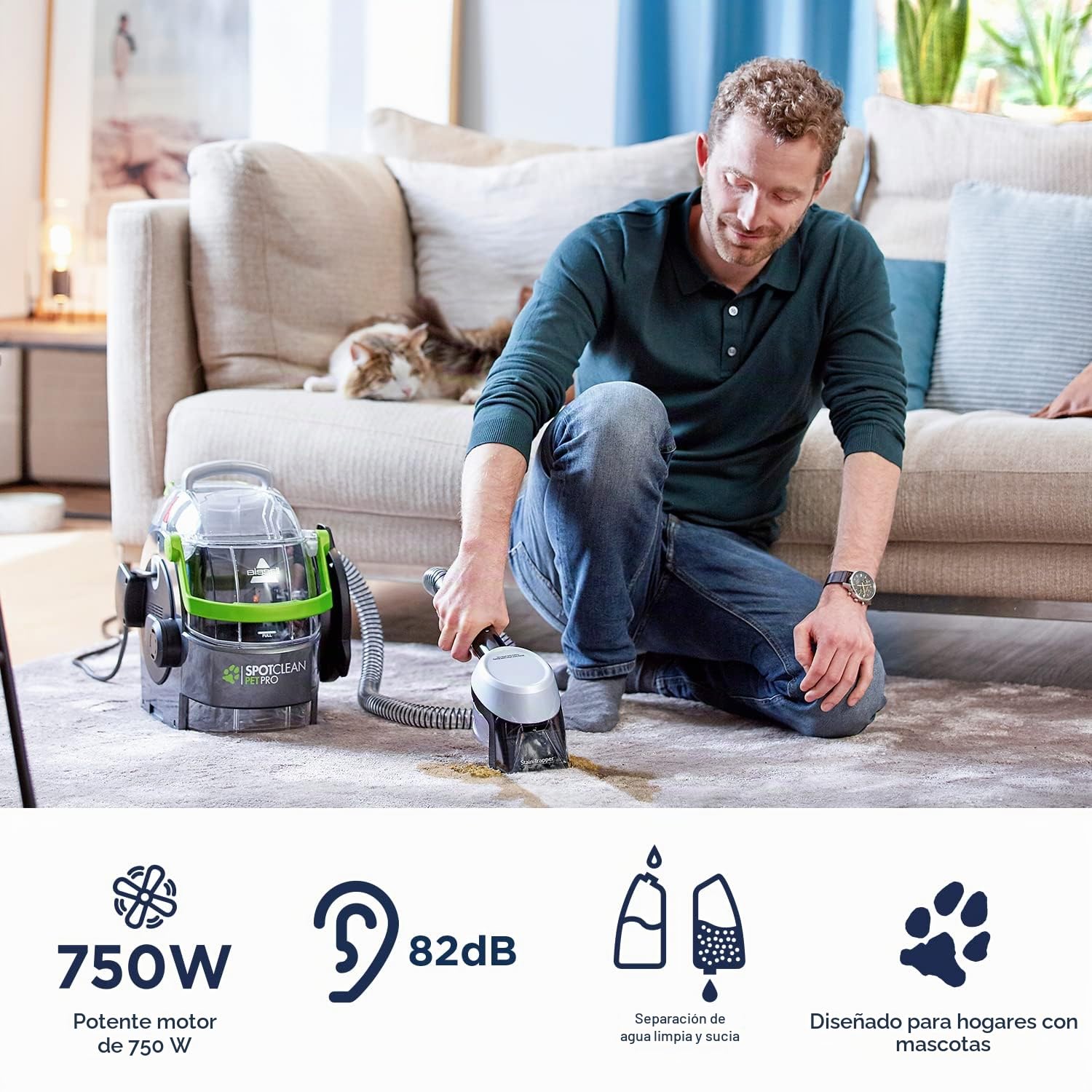 Bissell 15585 SpotClean Pet Pro Portable, 750 W, 84 Decibelios, Negro/Verde + Spot & Stain Limpiador de Alfombras, 1 Liter, Combinaison, Azul