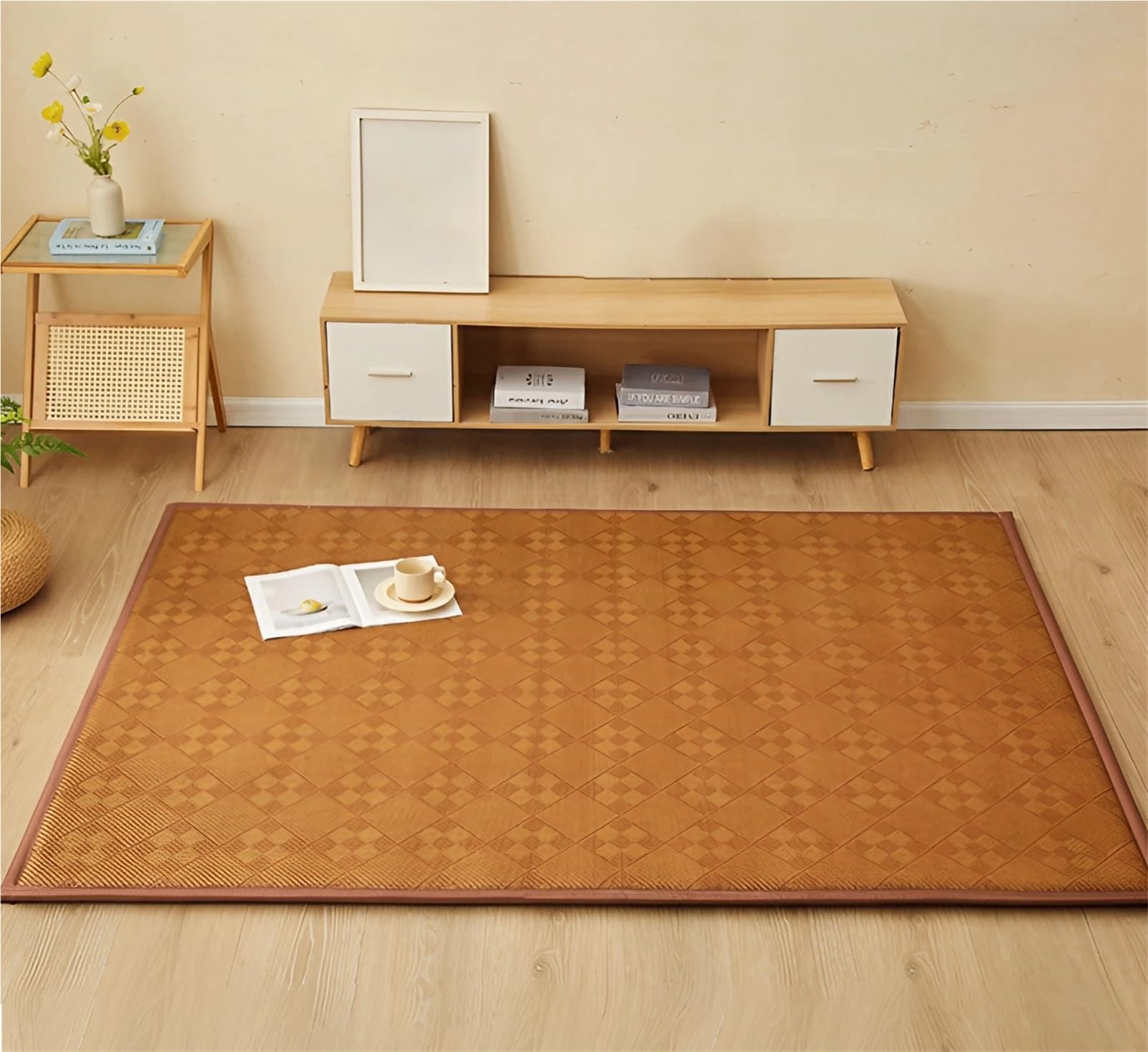 Tatami-Bodenmatte aus natürlichem Rattan 1,5 cm Dicke Schlafmatte rutschfest atmungsaktiv 90 x 200 cm Braun