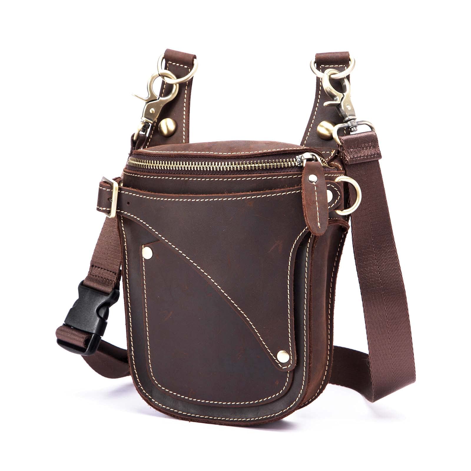 Marsupio Da Gamba, Marsupio Moto for da viaggio con cintura Yi, unisex, elegante, in pelle, 7 pollici(Dark brown)