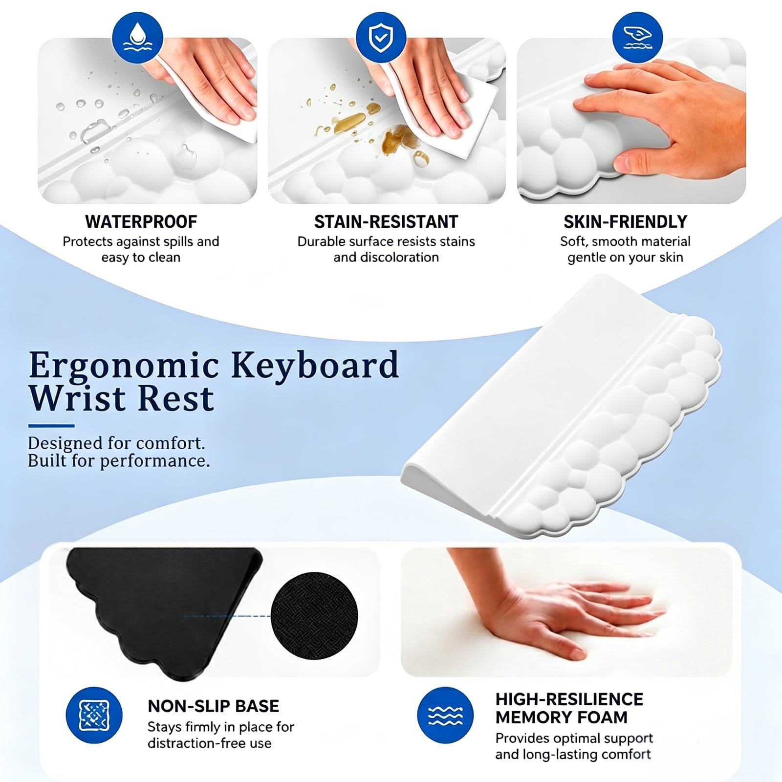 Cloud Tastatur-Handgelenkauflage mit abgeschrägtem Tastatur-Pad, ergonomisches 3-in-1-Mauspad mit Handgelenkstütze und Untersetzer, rutschfestes Schreibtischmatten-Set aus Memory-Schaum für