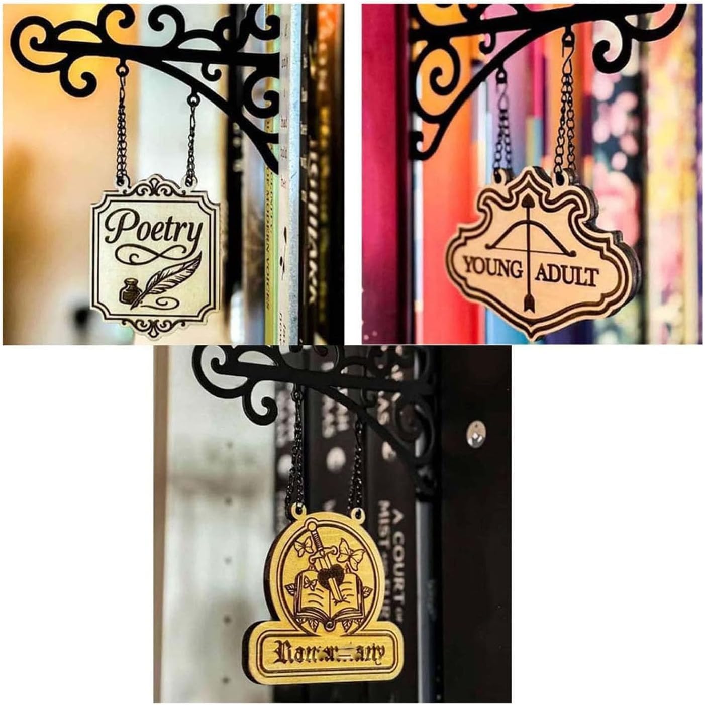 Ytdzr 3Pcs Book Nook Tavern Metal Signs Genre Shelf Labels With Hanging Brackets, Book Dividers With Hanging Brackets,Signs For Bookshelf, Bookshelf Genre(3Pcs)