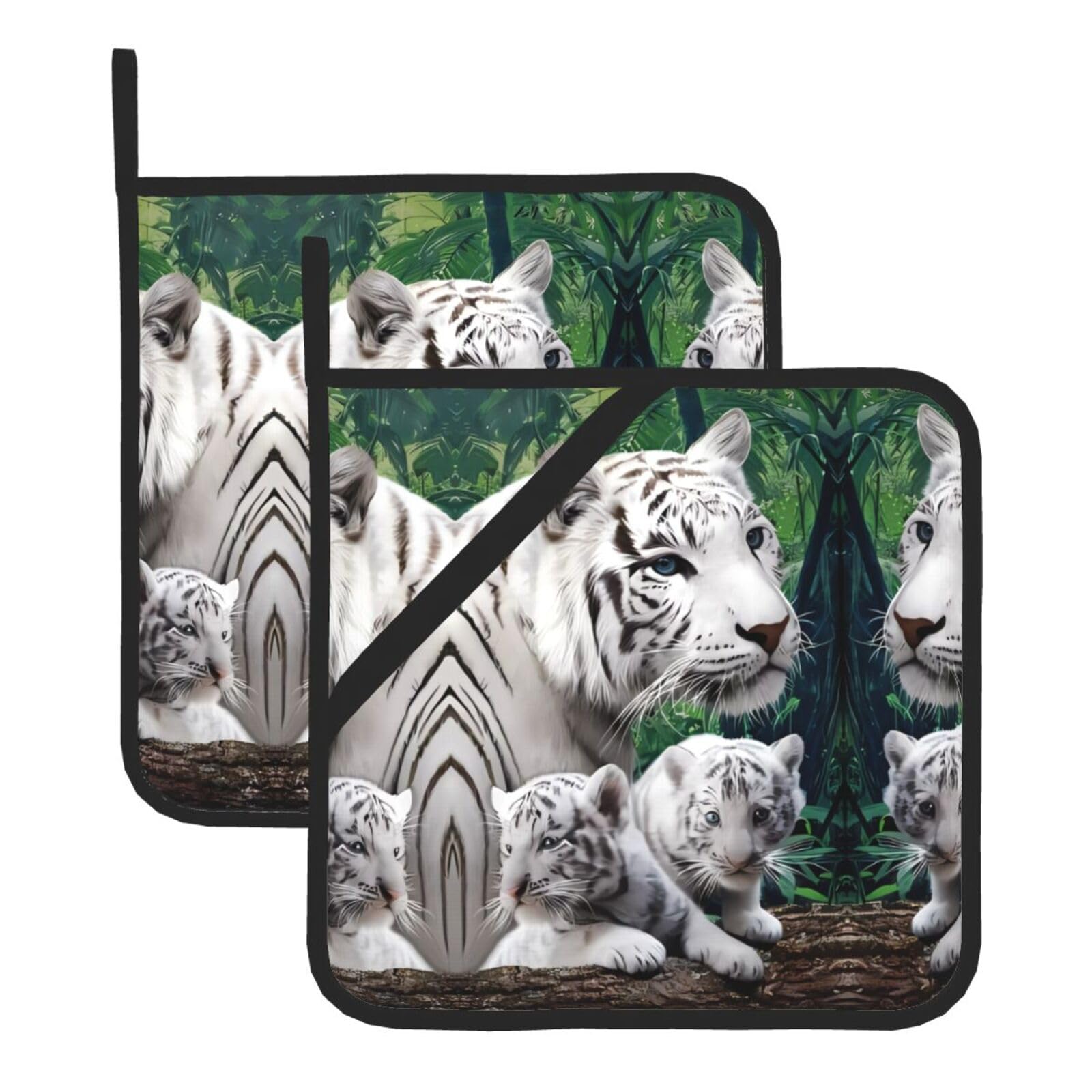 WHJSSF Tiger Prints Square Hot Pads for Kitchen Counter - Waterproof Trivets with Hanging Loop, Thick Pot Covers for Serving, Oven & BBQ - Set of 2 (1 with Pocket)