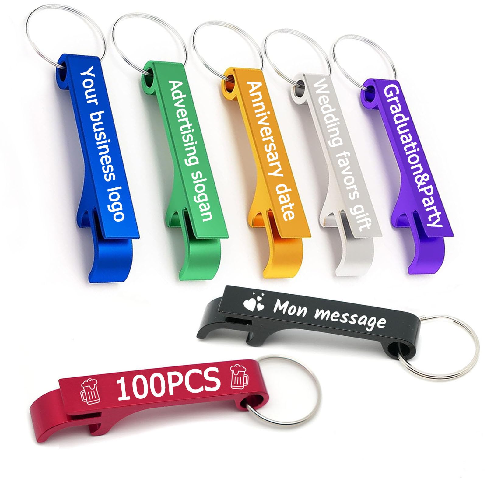 100pcs Personalized Bottle Opener Keychain Bulk Custom Engraved Text/Logo Keychains Customized Beer Bottle Opener for Bar, Graduation,Party,Wedding Favors Gift (Colorful) (100pcs)