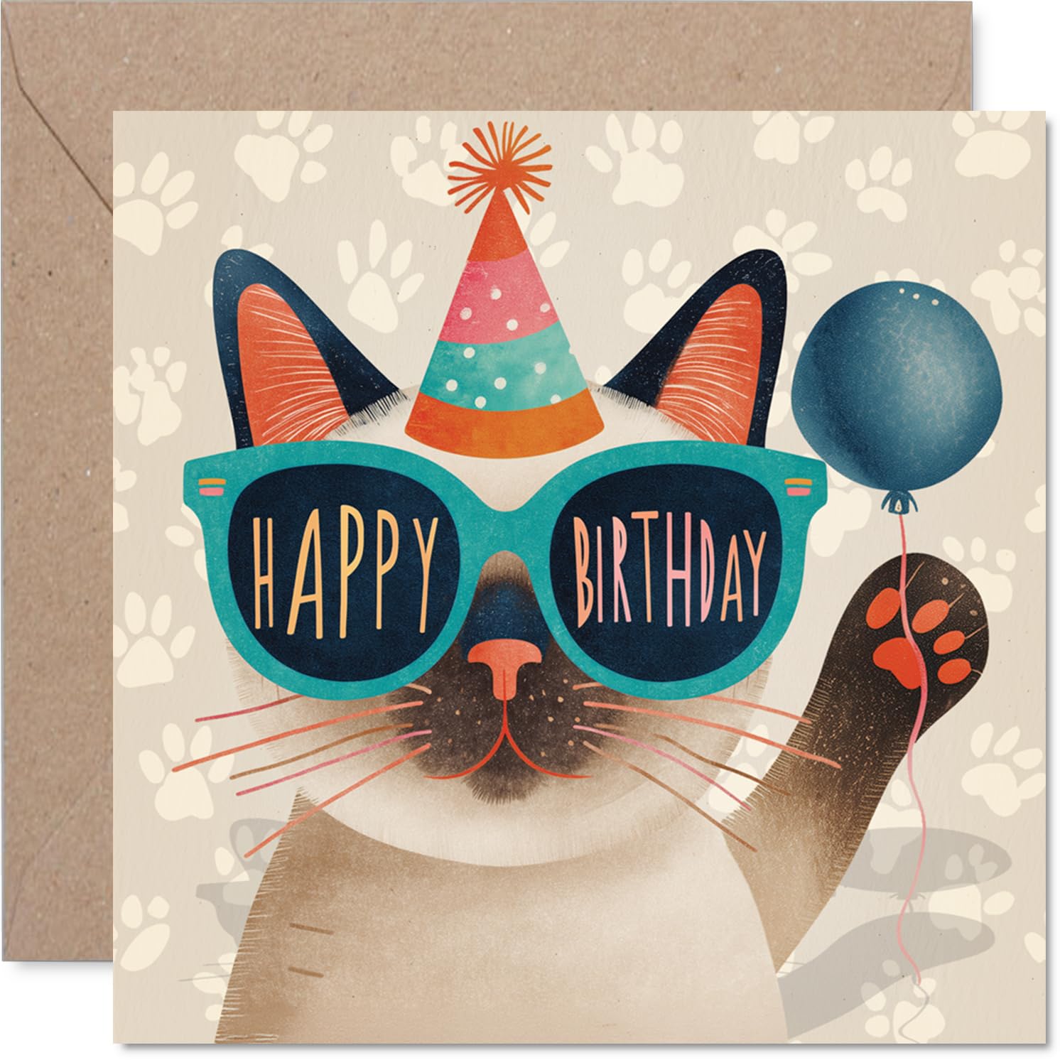 Playful Birthday Card - Bring on the Party Vibes - Sunglasses Cat in a Festive Hat Ready to Celebrate - Guaranteed to Raise a Smile - 145mm Square, Envelope Included