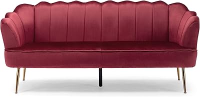 Christopher Knight Home Reitz Channel Stitch 3 Seater Shell Sofa - Velvet - Berry Red/Gold