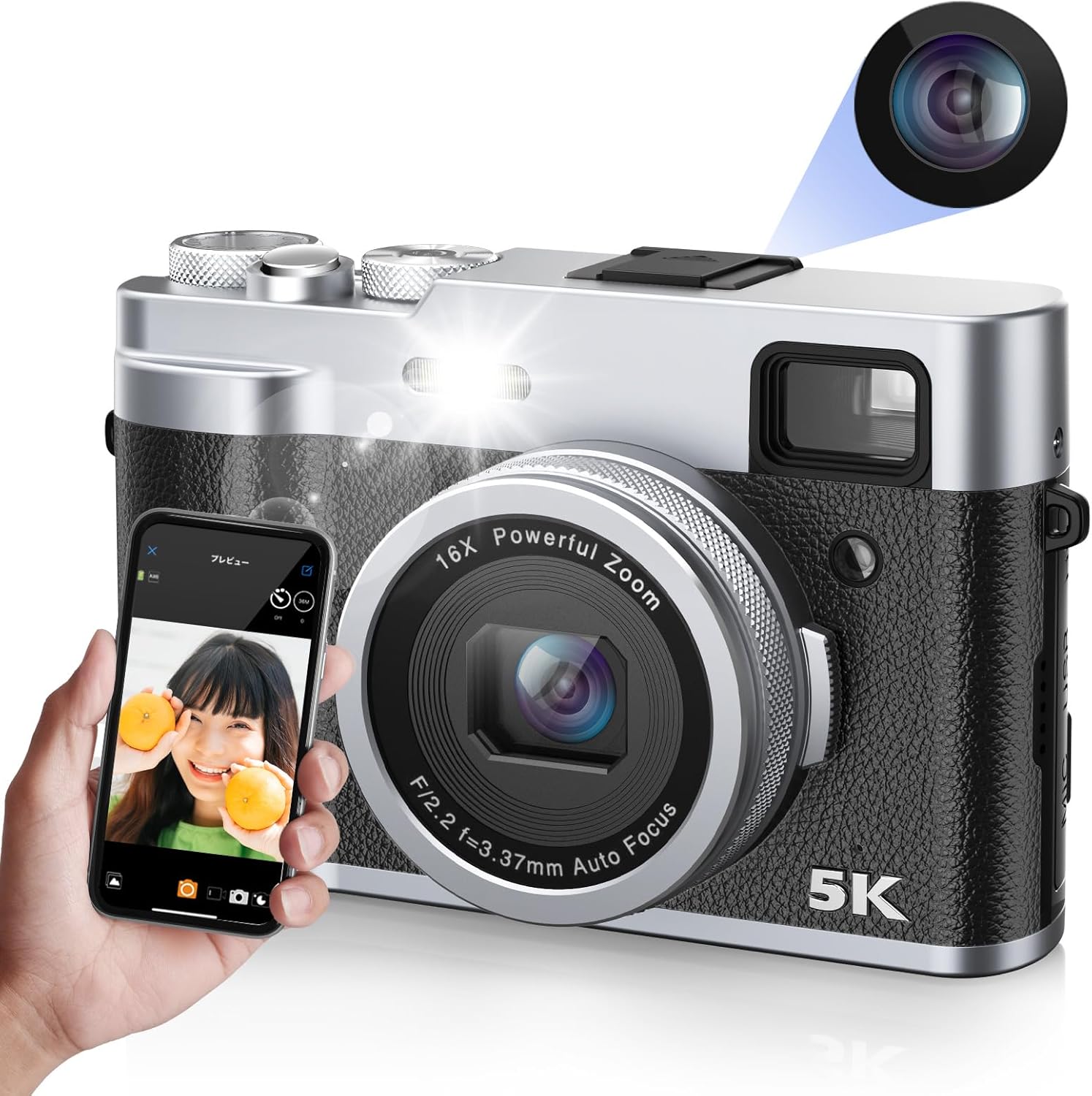 5K デジカメ スマホに送れる デジタルカメラ 4800万画素 30fps wifi機能 レトロ 6軸手ぶれ補正 前後デュアルカメラ フラッシュ 自撮り 初心者 学生 ビログ用 16倍ズーム 64gカード付 黒+銀