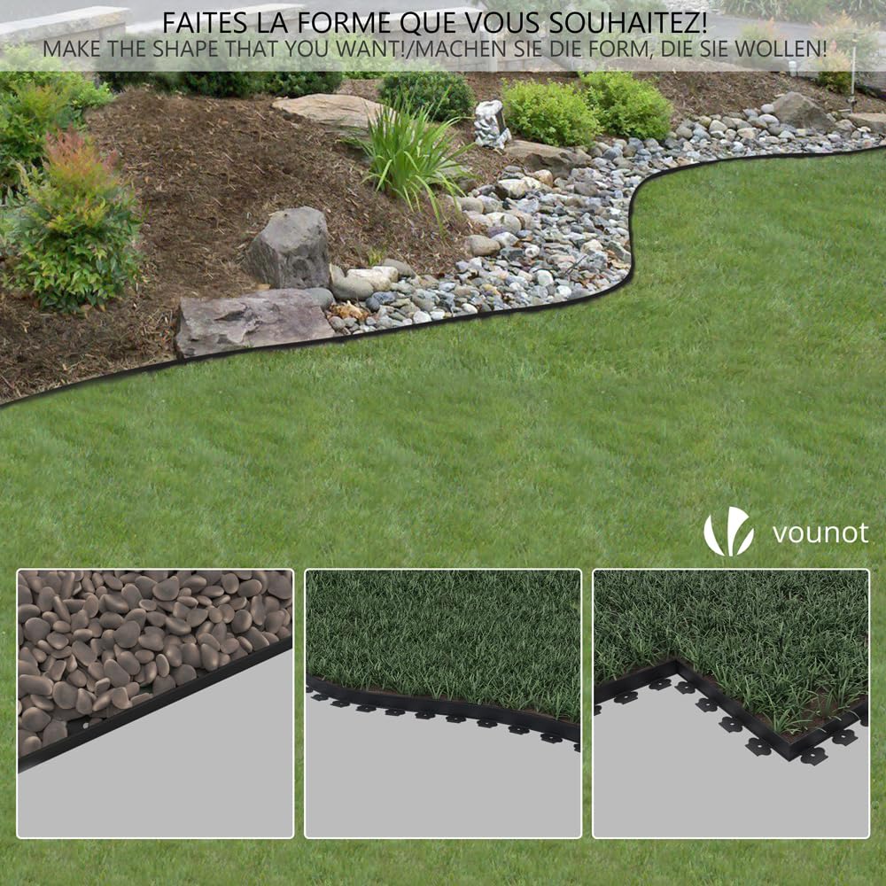 VOUNOT® Bordure de Jardin en Plastique 20 mètres avec 60 Piquets d'ancrage Bordurette de Pelouse Flexible Bordure de Gazon avec piquets Solides Idée de Jardin Hauteur 50mm, Epaisseur 4mm Noir