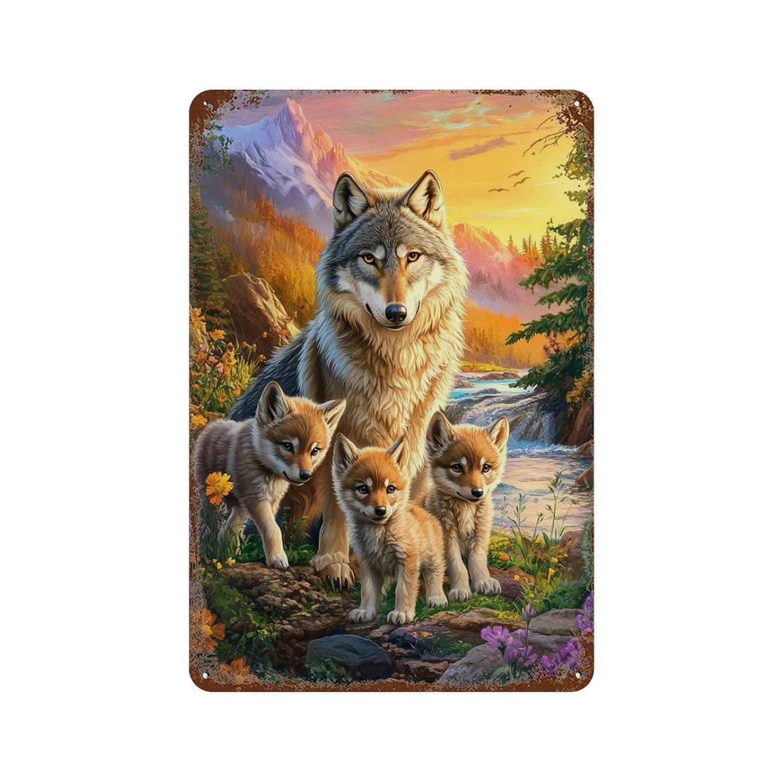 Wolf Family in Nature 11.8"x7.9" Distressed Metal Wall Sign, Shabby Chic Decor for Office, Studio And Wall Decor