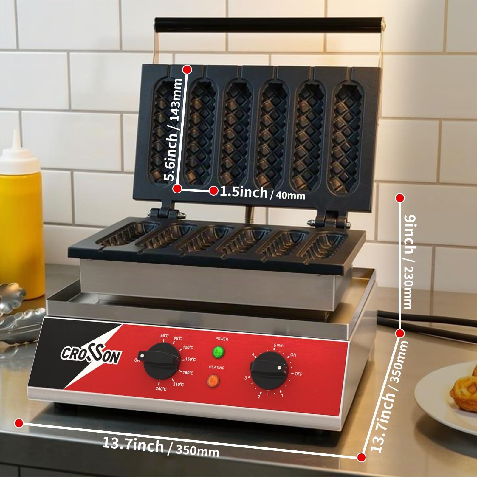 CROSSON Máquina para Hacer Gofres de Maíz Comerciales 6 piezas,Máquina para Hacer Gofres Antiadherente,con Control de Temperatura y Tiempo,Máquina Para Gaufres En Palito,1600W
