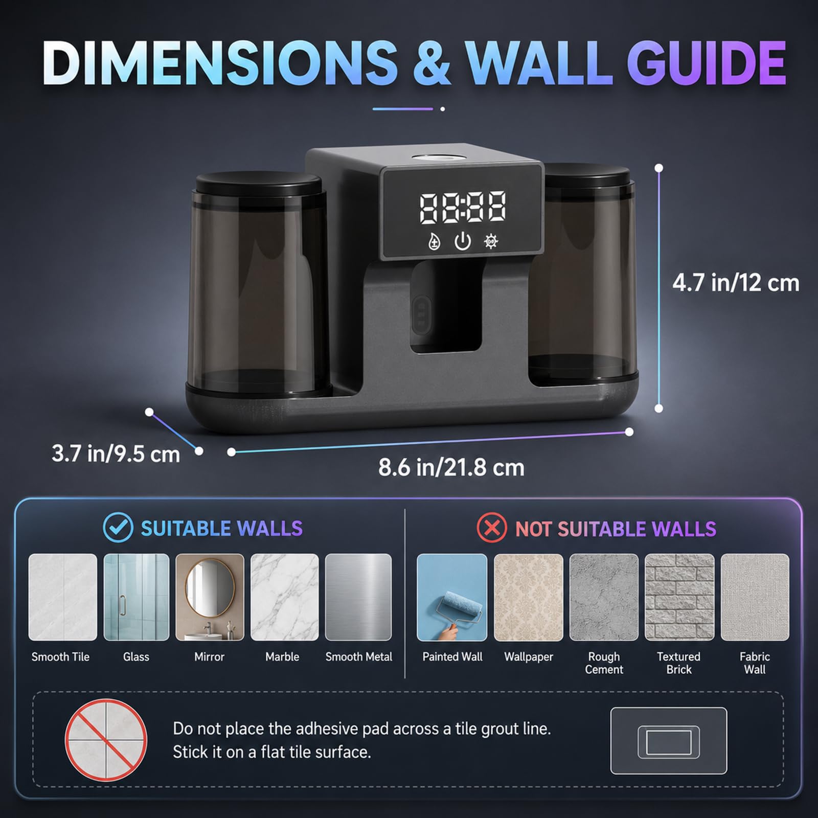 Soporte para cepillo de dientes montado en la pared con 2 vasos, caja de limpieza inteligente con limpieza y secado, dispensador de pasta de dientes eléctrico con 4 ranuras para cepillos de dientes