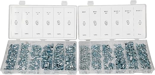 SAE & MM Hydraulic Grease Fitting Kit, 220 Piece Straight and Angled | 1/4", 1/8"