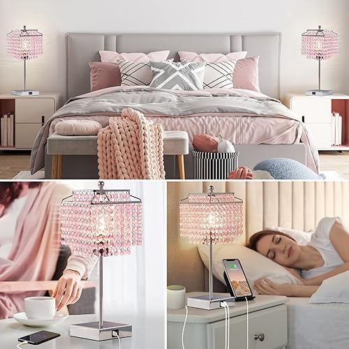 Miniatura 7 de Luvkczc Lámpara de mesa de cristal rosa con control táctil, lámpara regulable de 3 vías con pantalla de cristal para dormitorio de niña, sala de