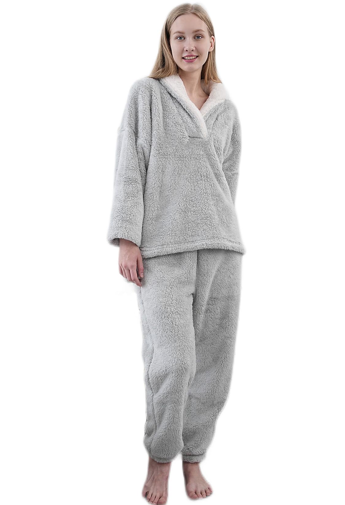 Zbh1985 Women's Grey Coral Fleece Pajamas Flannel Sleepwear Soft Pajamas Set Warm Loungewear 2 Piece Pjs Set (Xl, )