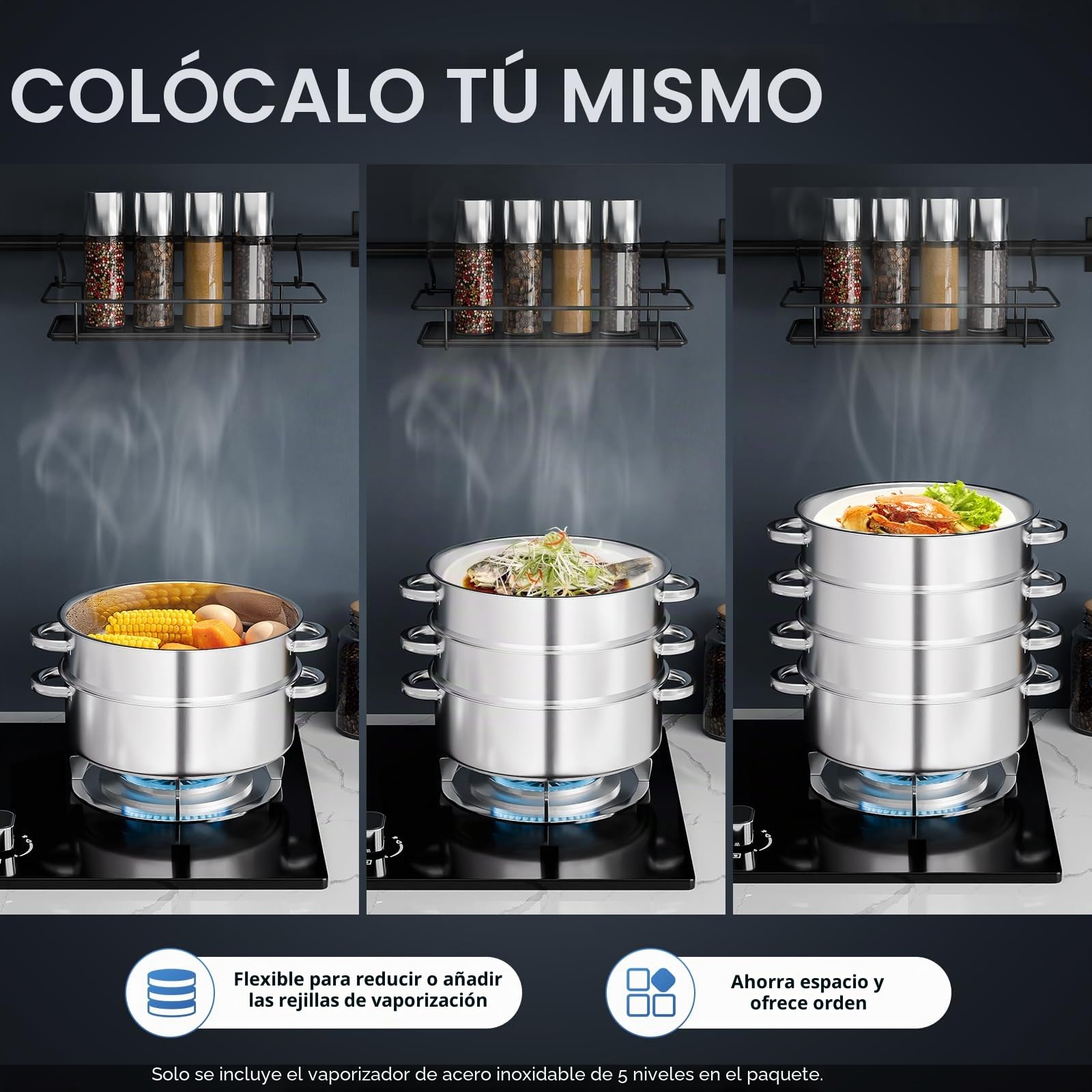 olla de vapor, acero inoxidable, 5 niveles, 30,5 cm de diámetro, para gas, inducción y cocinas eléctricas