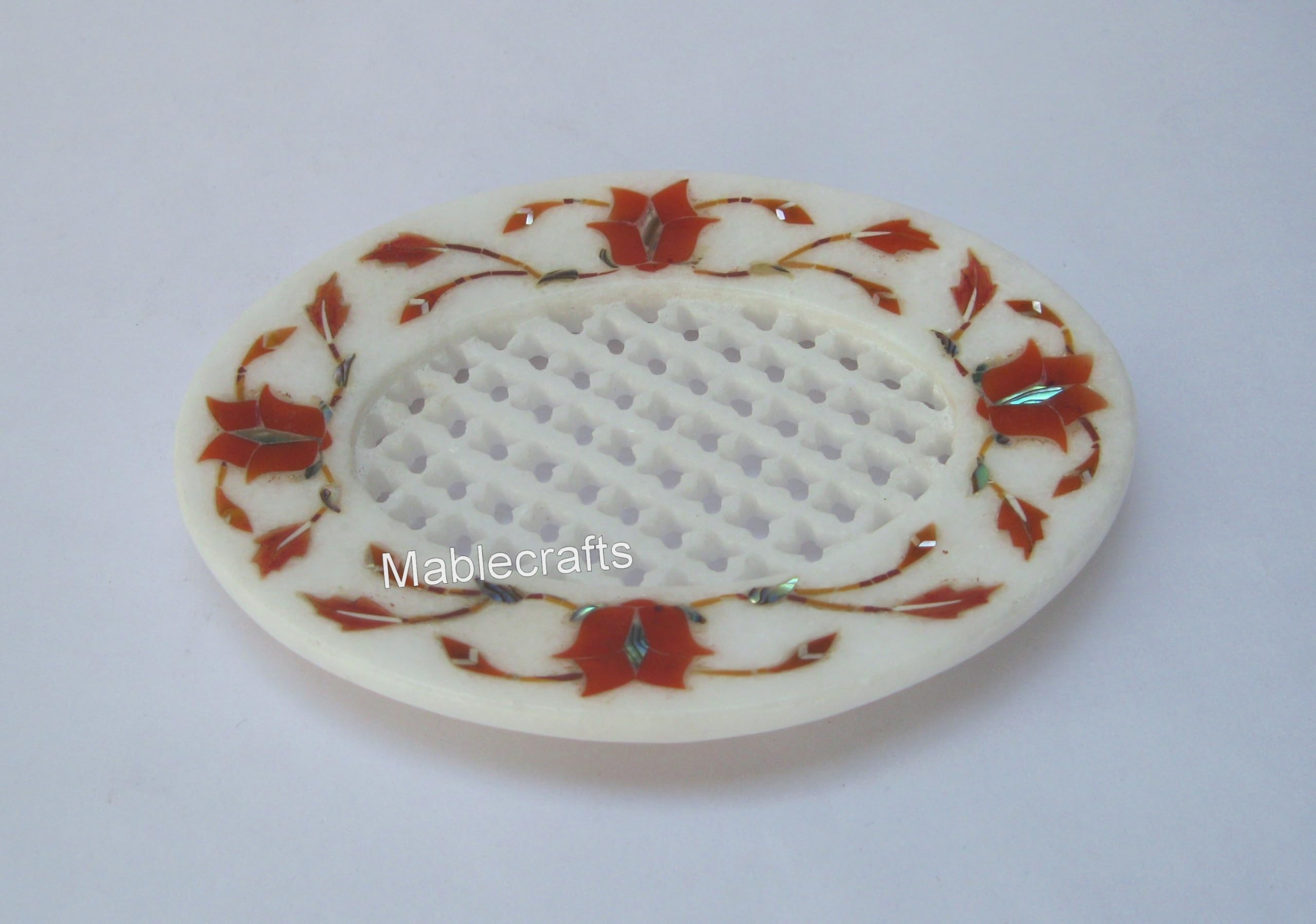 Ręcznie wykonany marmurowy pojemnik na mydło z wkładką z kamienia karneolowego, 13 x 10 cm, mydelniczka o owalnym kształcie, filigranowe naczynie na drobiazgi, akcesoria łazienkowe i kuchenne, idealny