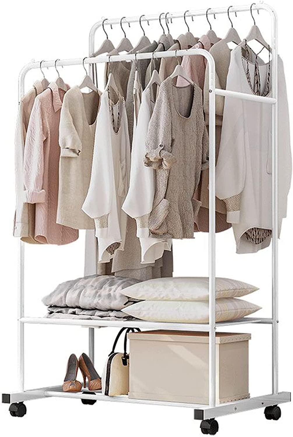 Wisfor Rolling Clothes Garment Rack: Double Rail Coat Open Wardrobe Clothing Hanging Organizer Hall Tree on Wheel with Storage Shelf Hanging Rod for Bedroom Dressing Room, White