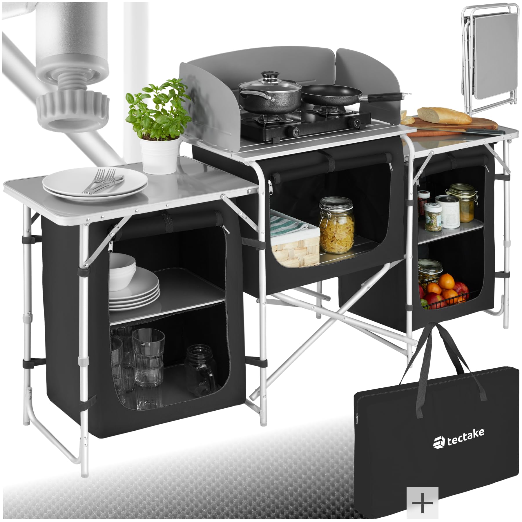 TecTake® Portable Camping Kitchen - 5 Internal Shelves, Heat-Resistant Worktop, Wind Barrier & Zipped Doors - Outdoor Storage Cupboard - Compact, Lightweight & Includes Carry Bag - Black