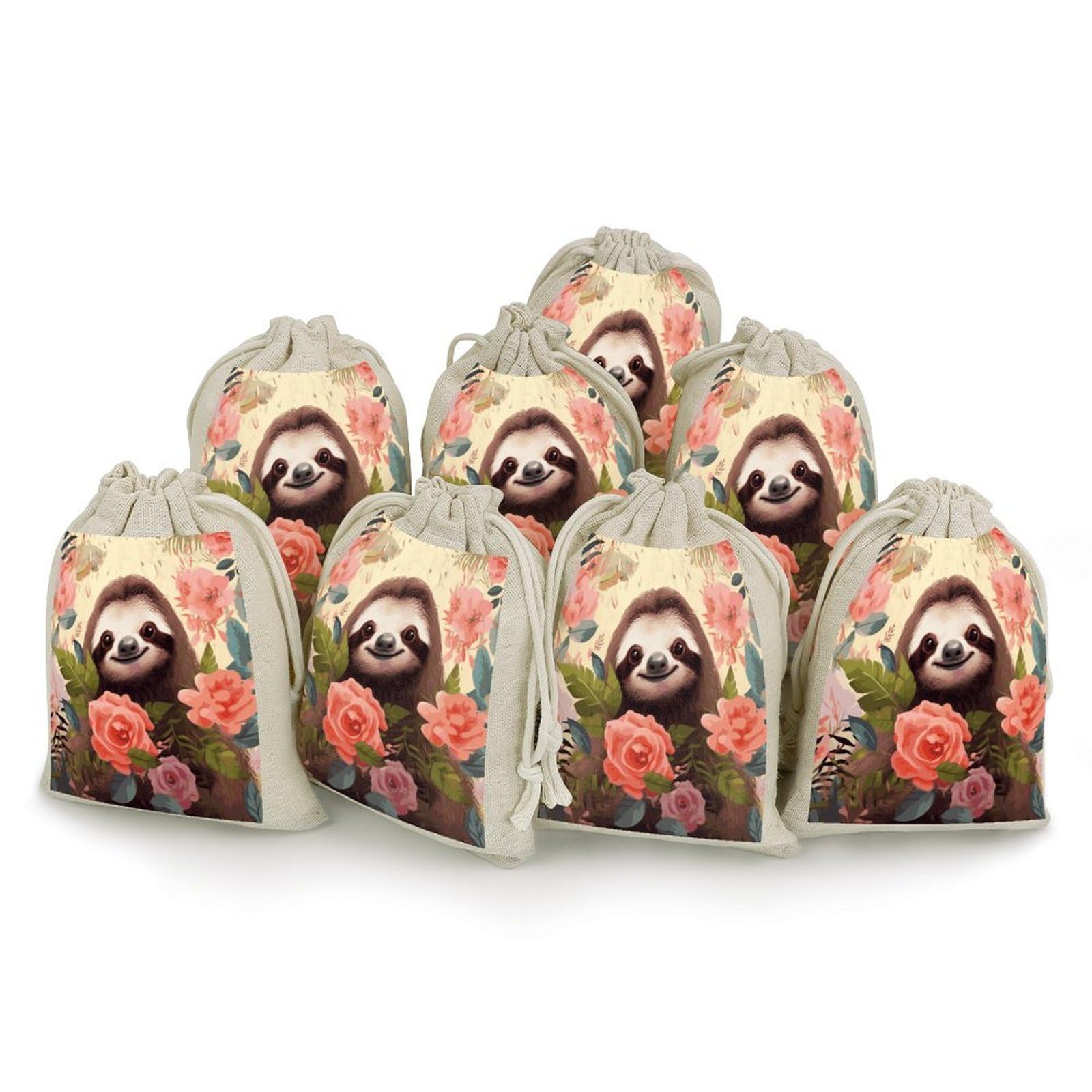 Adfgyerh Style Sloth And Flowers Bags With Drawstring Reusable,Jewelry Bags 4.9 X 6.7 Inch, Set Of 8,Gift Bags For Party Wedding Storage Home Supplies