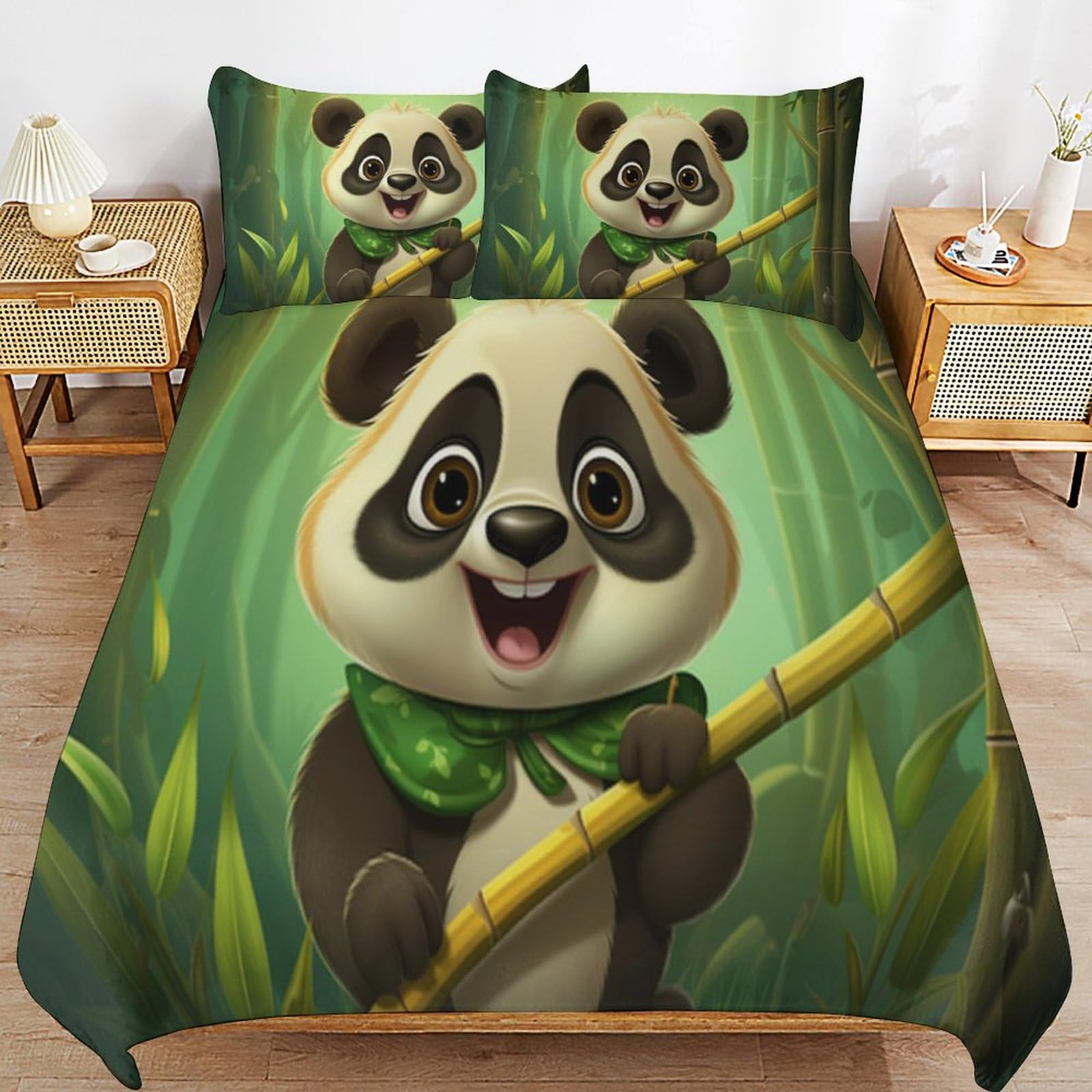 Parure de lit panda avec housse de couette 155x220 cm et deux taies d'oreiller pour enfant