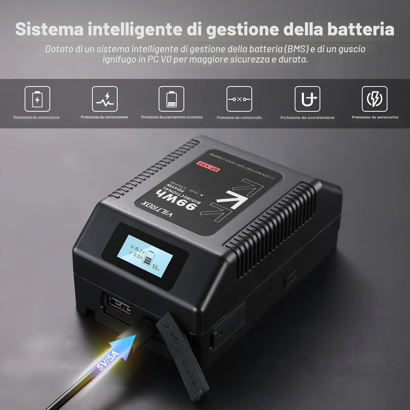 VILTROX BP-V99 V Lock Battery 6700mAh,V Mount Battery con Display LCD,Doppio D-Tap e Uscita USB 99Wh/14,8V,Nero Mini V-Mount per Fotocamere,Videocamere,luci LED,Monitor,MacBook e Smartphone