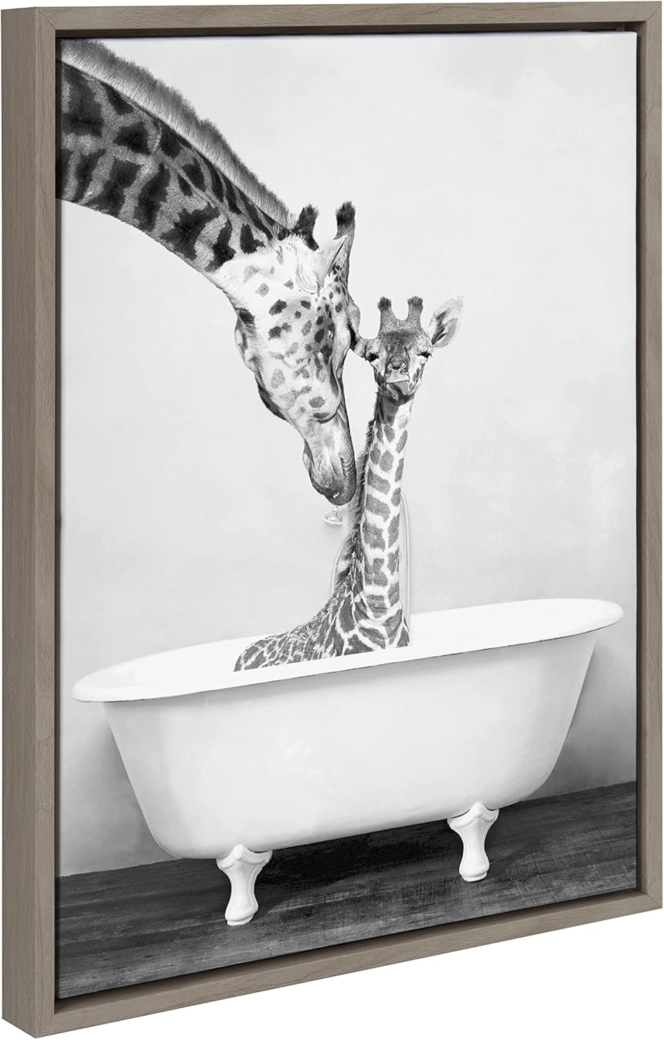 Kate and Laurel Sylvie Giraffe In Tub Framed Canvas Wall Art by Amy Peterson Art Studio; 18x24 Gray; Modern Fun Decorative Bathtub Wall Art for Home Décor