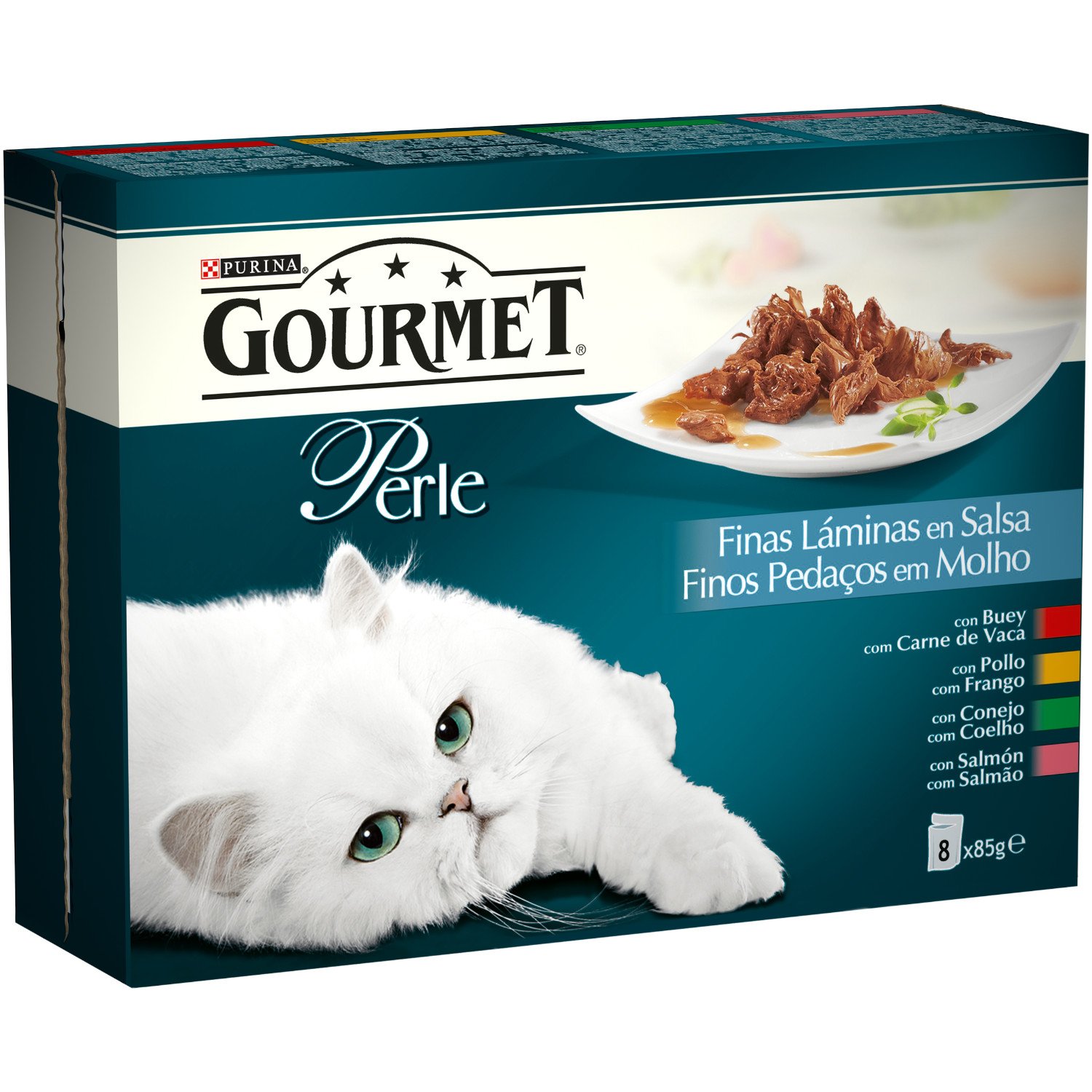 Gourmet Purina Perle Mini Filetes en Salsa, Comida Húmeda para Gato con Buey, Pollo, Salmón y Conejo, 8 sobres de 85g