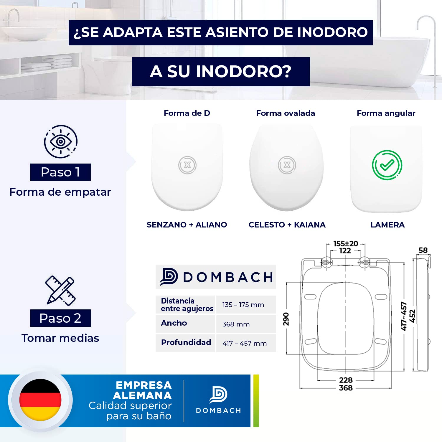 Dombach® Lamera Premium - Tapa WC Universal, Blanco, Forma Cuadrada, Duroplástico, Cierre Automático y Suave, Desmontable, Amortiguada