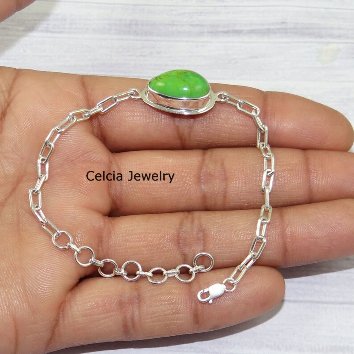 Pulsera de plata de ley 925 maciza para mujeres y niñas, pulsera de turquesa de cobre verde, pulsera artesanal única de piedras preciosas para ella o él