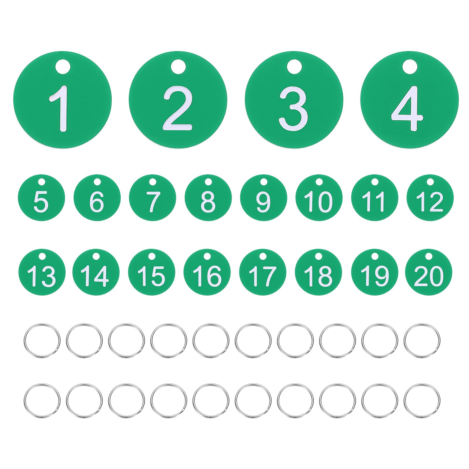 PATIKIL 20PCS Number Tags 1-20, Table Number Key Tags Plastic Numbered Keychain with Key Rings for Organizer Field Sales Hangers Clothes Labels ID, Green