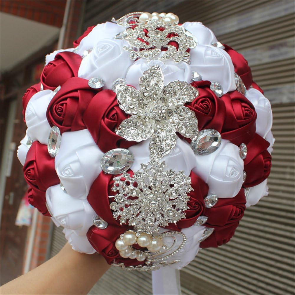 Wedding Bouquets for Bride Bouquet Crystal Wedding Rhinestone Brooch Bouquets Brides Hand Holding (Wine Red+White)