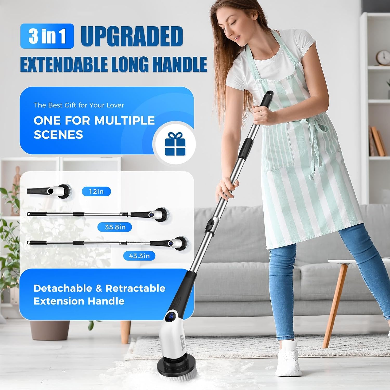 YKYI Cordless Electric Spin Scrubber, Power Cleaning Brush with 8 Replaceable Heads & Extension Handle for Bathroom, Tub, Tile, Floor, Grout, Car
