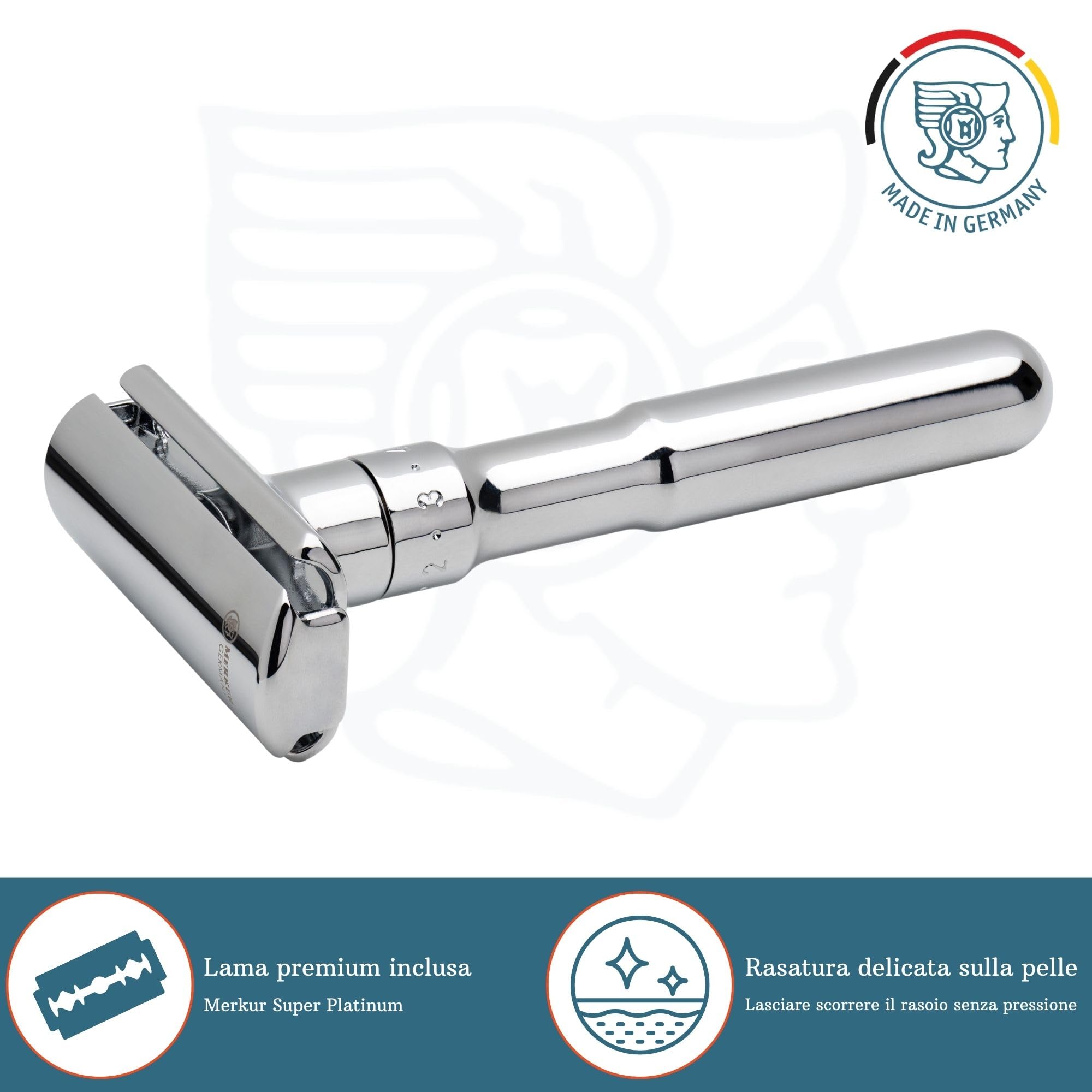 MERKUR Futur 701 Rasoio di sicurezza – Design iconico, finitura cromata lucida, struttura in due pezzi, taglio diritto, ideale per la rasatura tradizionale – Made in Germany
