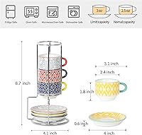 Vista 4 de Selamica Ceramic Espresso Cups with Saucers and Metal Stand, 2.5 OZ Stackable Demitasse Cups for Espresso Latte Café Mocha Tea, Set of 4, Assorted