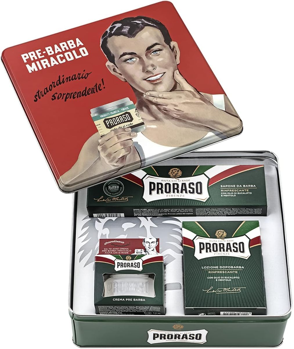 Proraso Vintage Selection Refrescante, Kit Afeitado en Lata, 3 uds | Con Eucalipto y Mentol, Crema Preafeitado + Jabón + Bálsamo, Sin Parabenos o Siliconas, Diseño Retro, Made in Italy