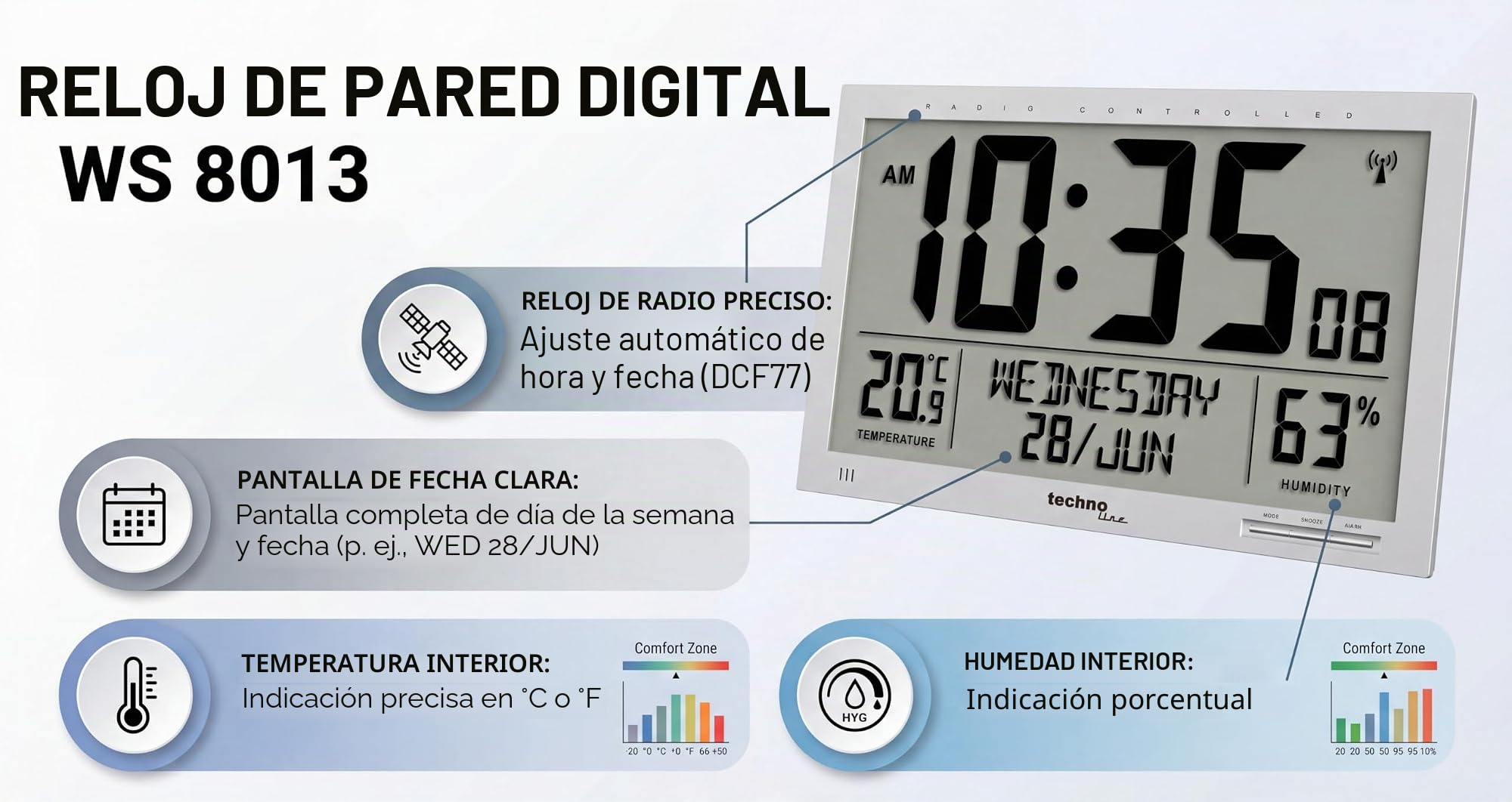 Technoline WS8013 Indicador de Temperatura, Pantalla LCD Jumbo, Color Plateado, Plata, groß: 36,9 x 22,9 x 2,4cm