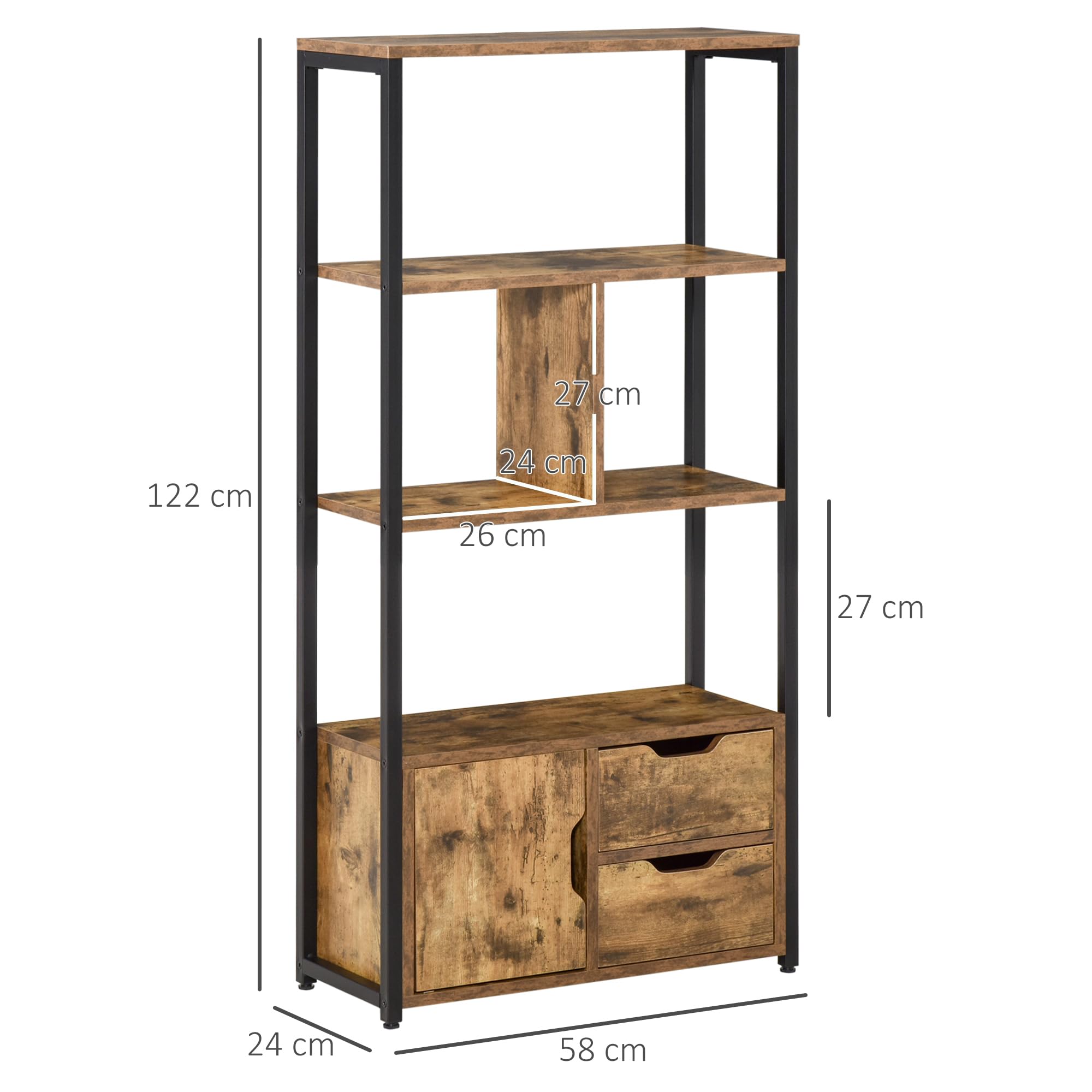 HOMCOM Librería, Estantería para Libros con 4 Estantes, 2 Cajones y Puerta, 58x24x122 cm, Estantería Industrial para Salón, Dormitorio, Estudio, Oficina, Marrón Rústico