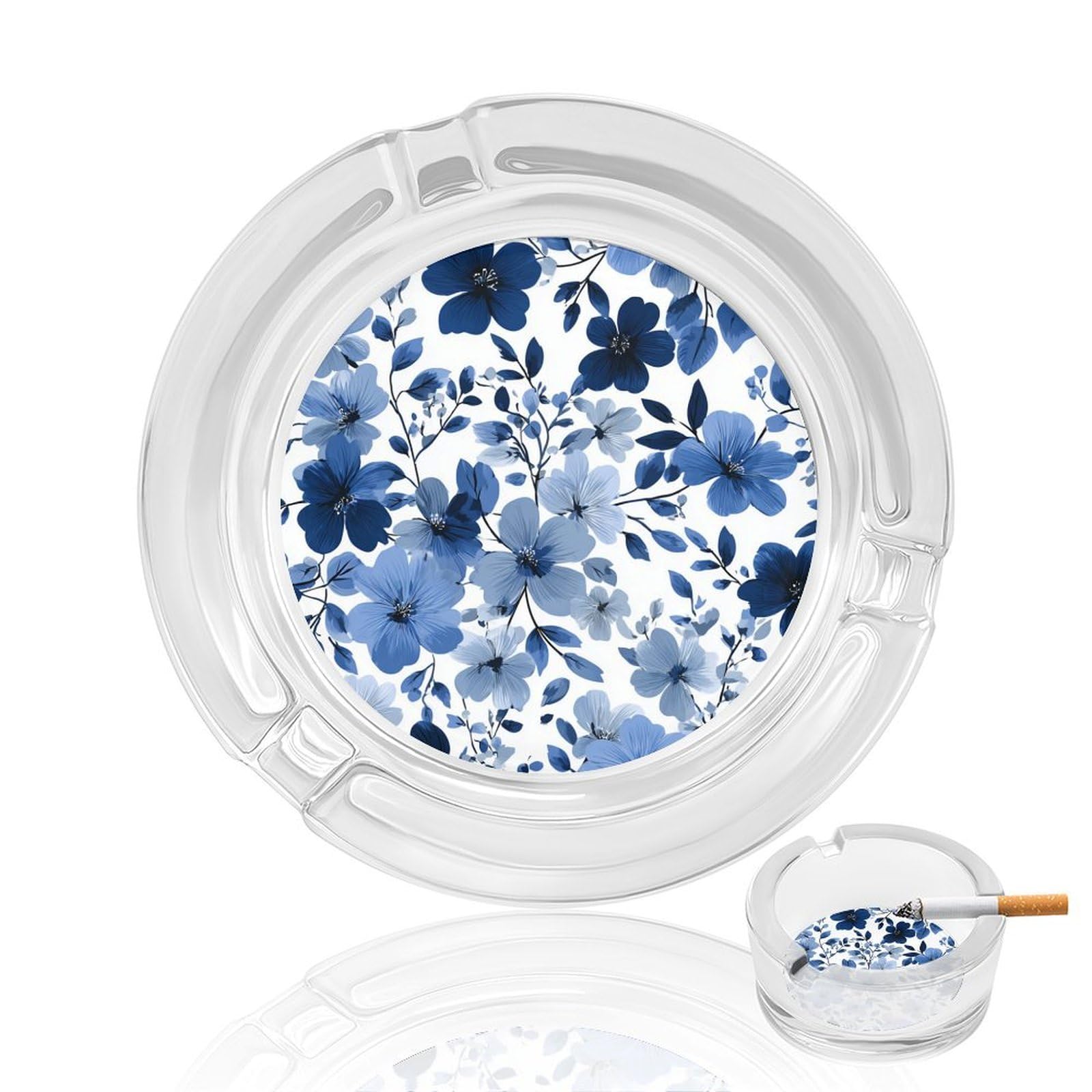 Large Stylized Blue Flower Clusters Glass Ashtray for Cigarettes Portable Decorative Ash Trays for Home Office Decor