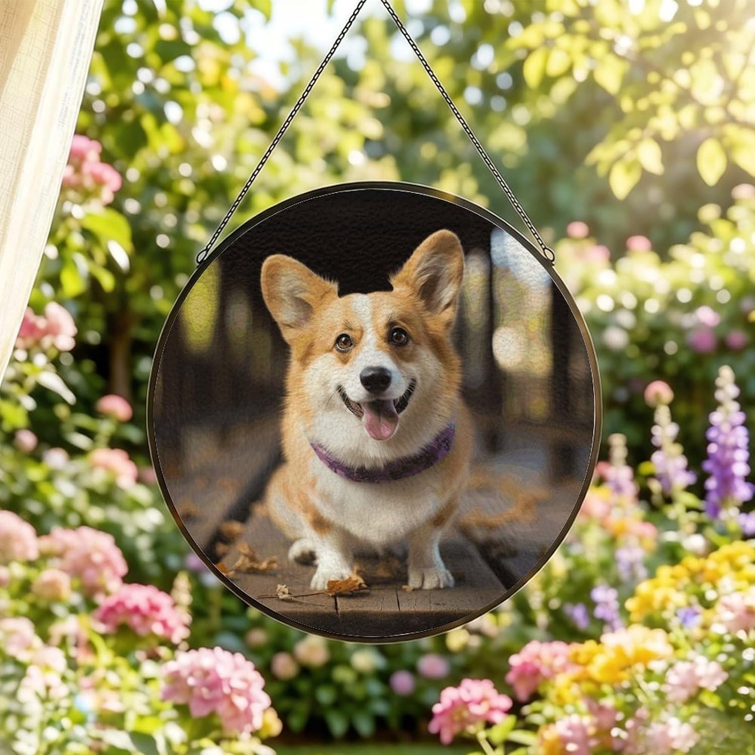 30x30cm Round Stained Glass Suncatcher for Window Hanging Decor with Chain