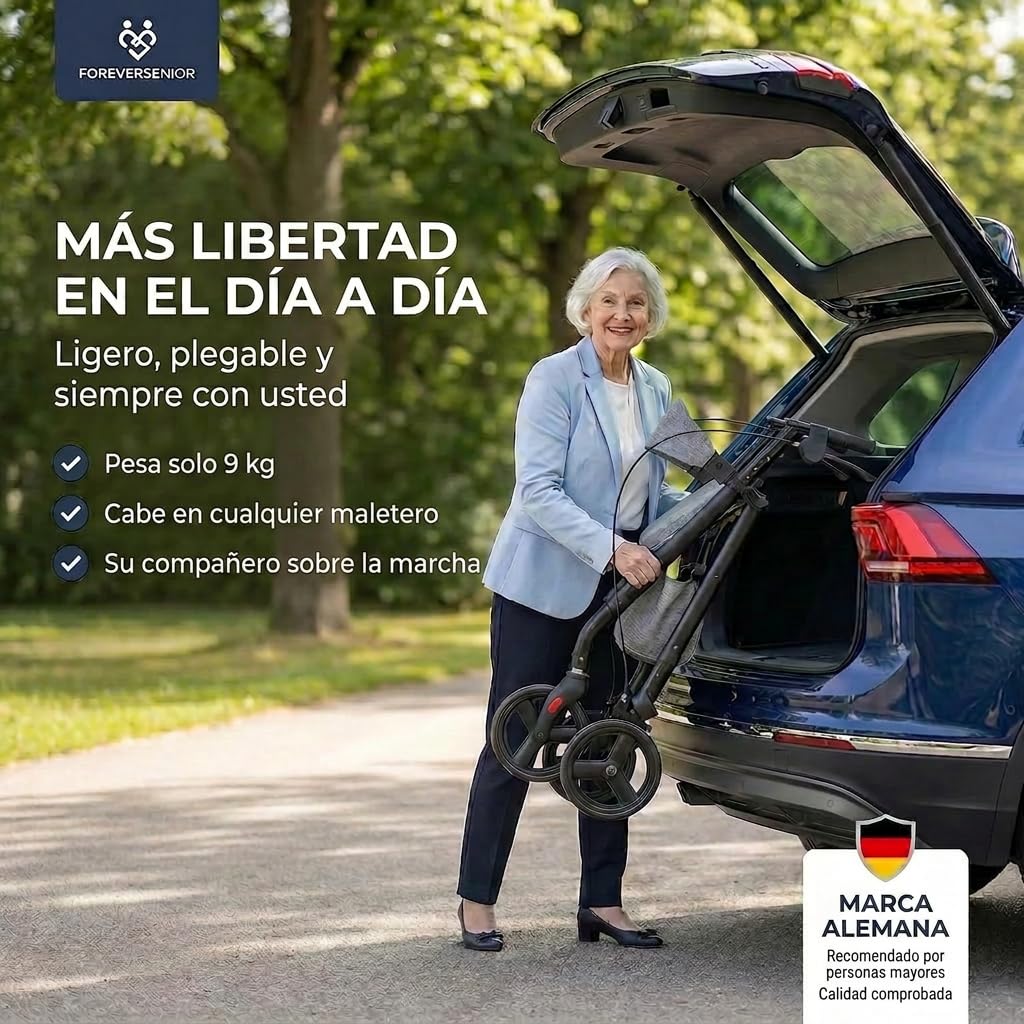 Andador Plegable y Ligero de 9 kg con Asiento – Rollator para Ancianos con Estructura de Acero, Bolsa y Respaldo Acolchado – Andador Estrecho para Interior y Exterior