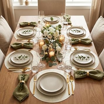 Deconox 6'lı Plastik Amerikan Servis Seti, Yuvarlak 38 cm Gold Yaprak Desenli Supla, Yıkanabilir Silinebilir Tabak Altlığı, Yemek Masası Servis Sunum Matı
