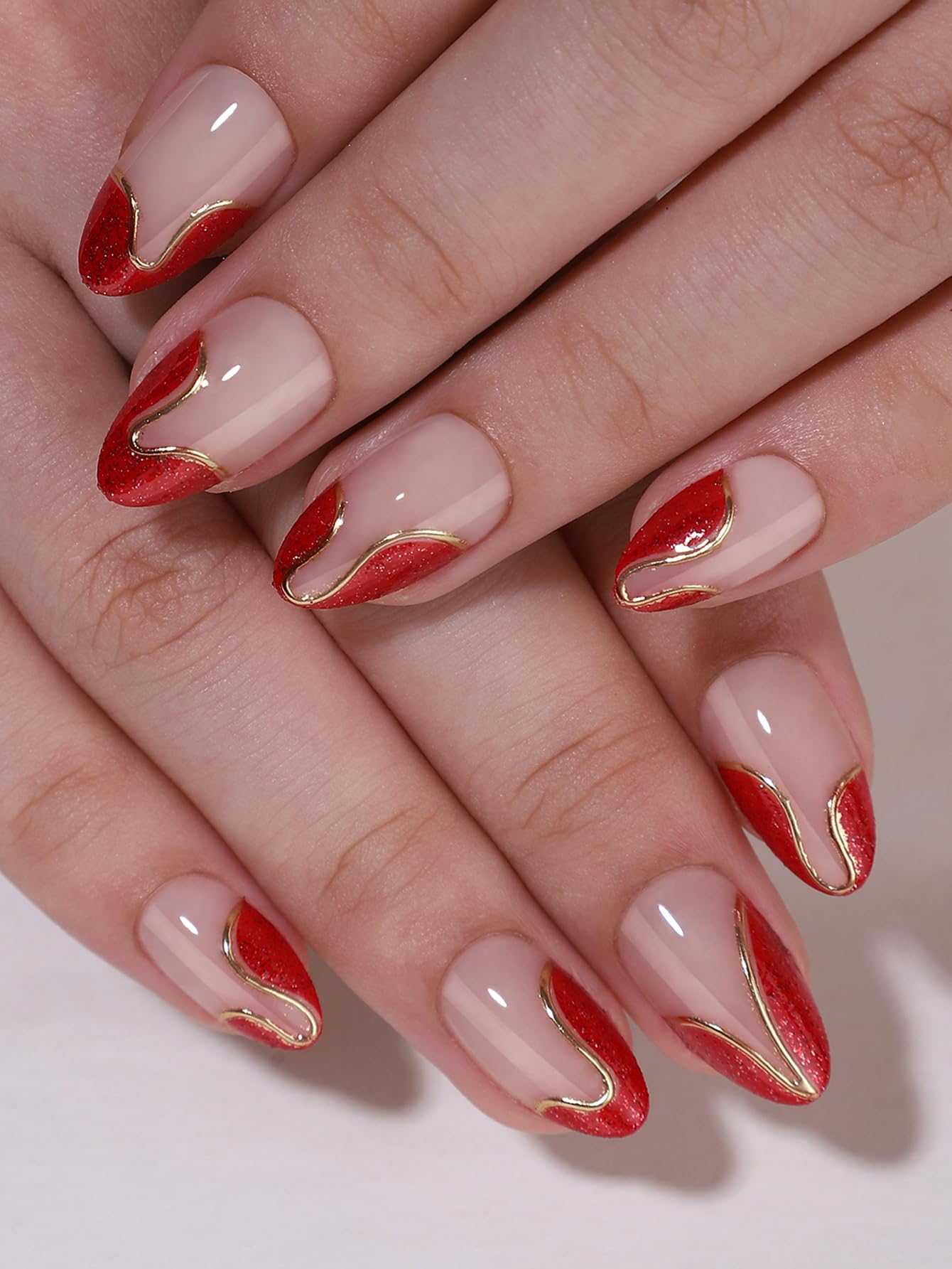 WAFOLOZE Red French Tip Press On Nails - Almond Short Fake Nails With Glue, 32Pcs Reusable Soft Gel False Tips Kit, 16 Sizes - Stick On Nails for